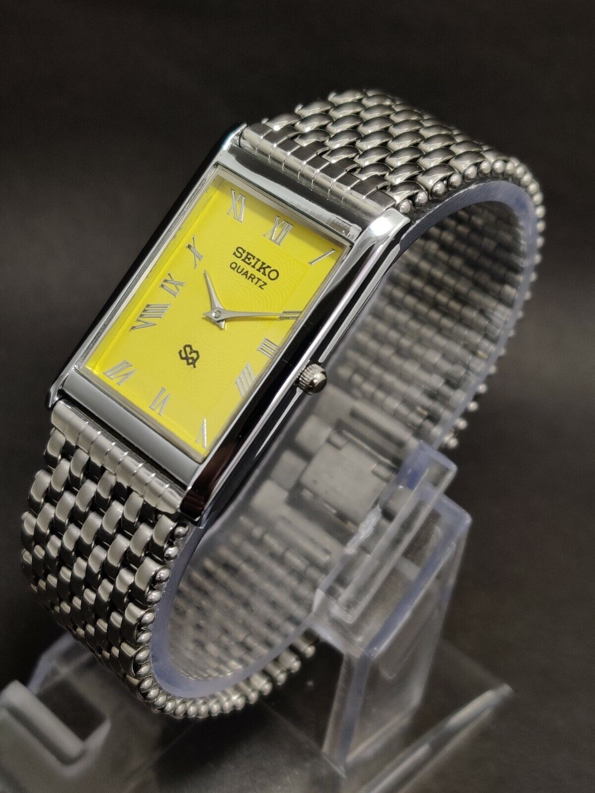 Vintage Seiko Slim Quartz Yellow Face Rectangle Japanese 26MM Men’s Watch A77