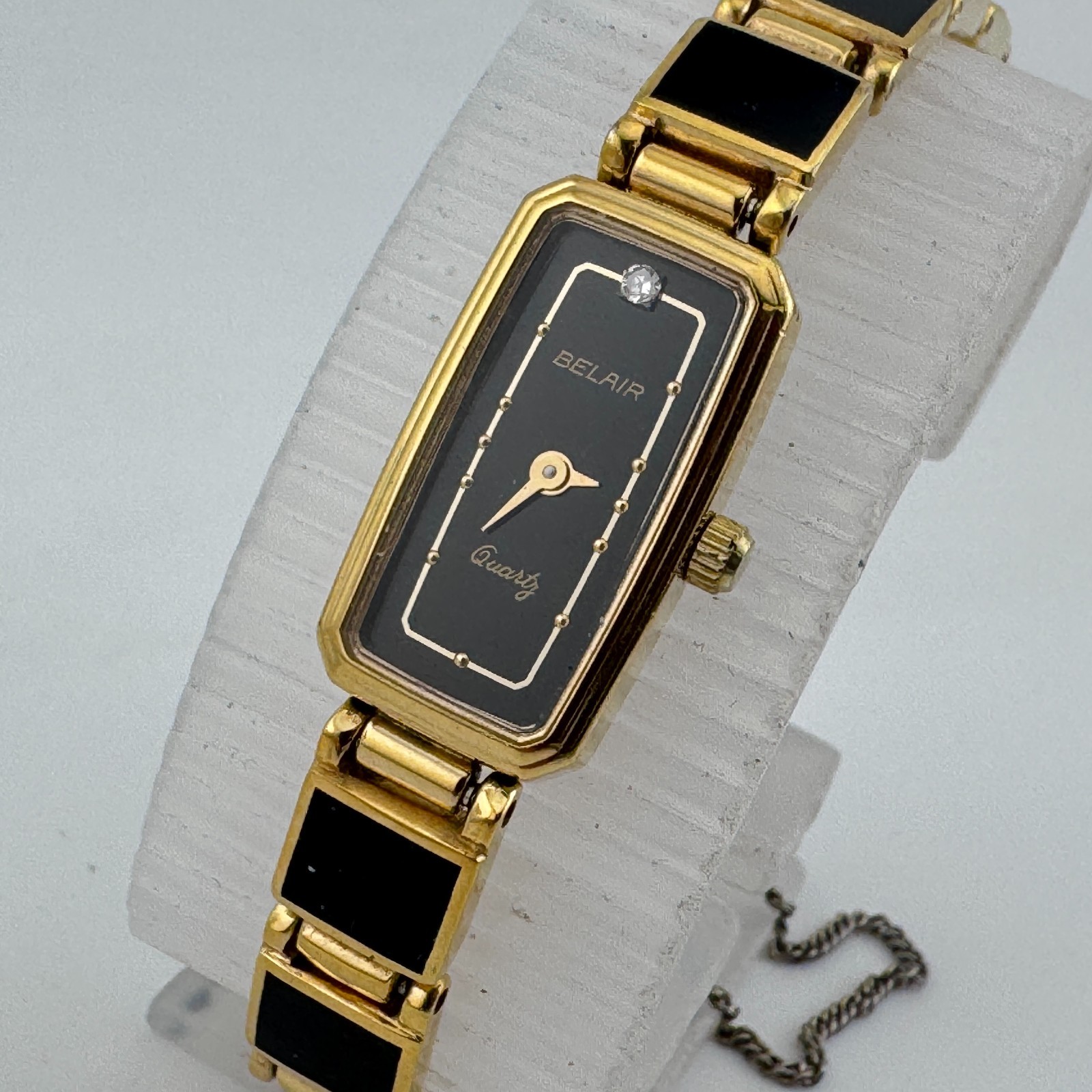VTG Belair Quartz Watch Women Genuine Diamonds Gold Tone Black New Battery 6″