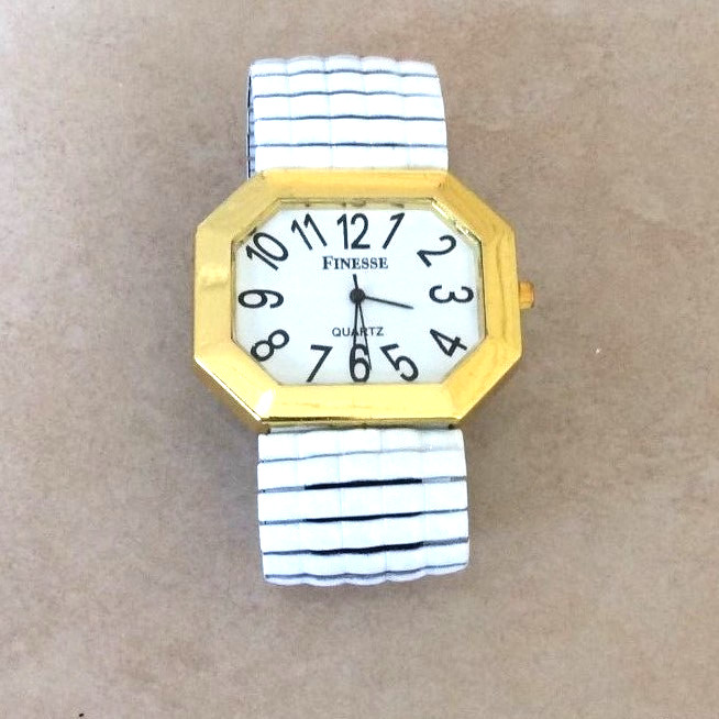 Finesse Womens Gold Octagonal Watch White Easy to Read Dial White Stretch Band!