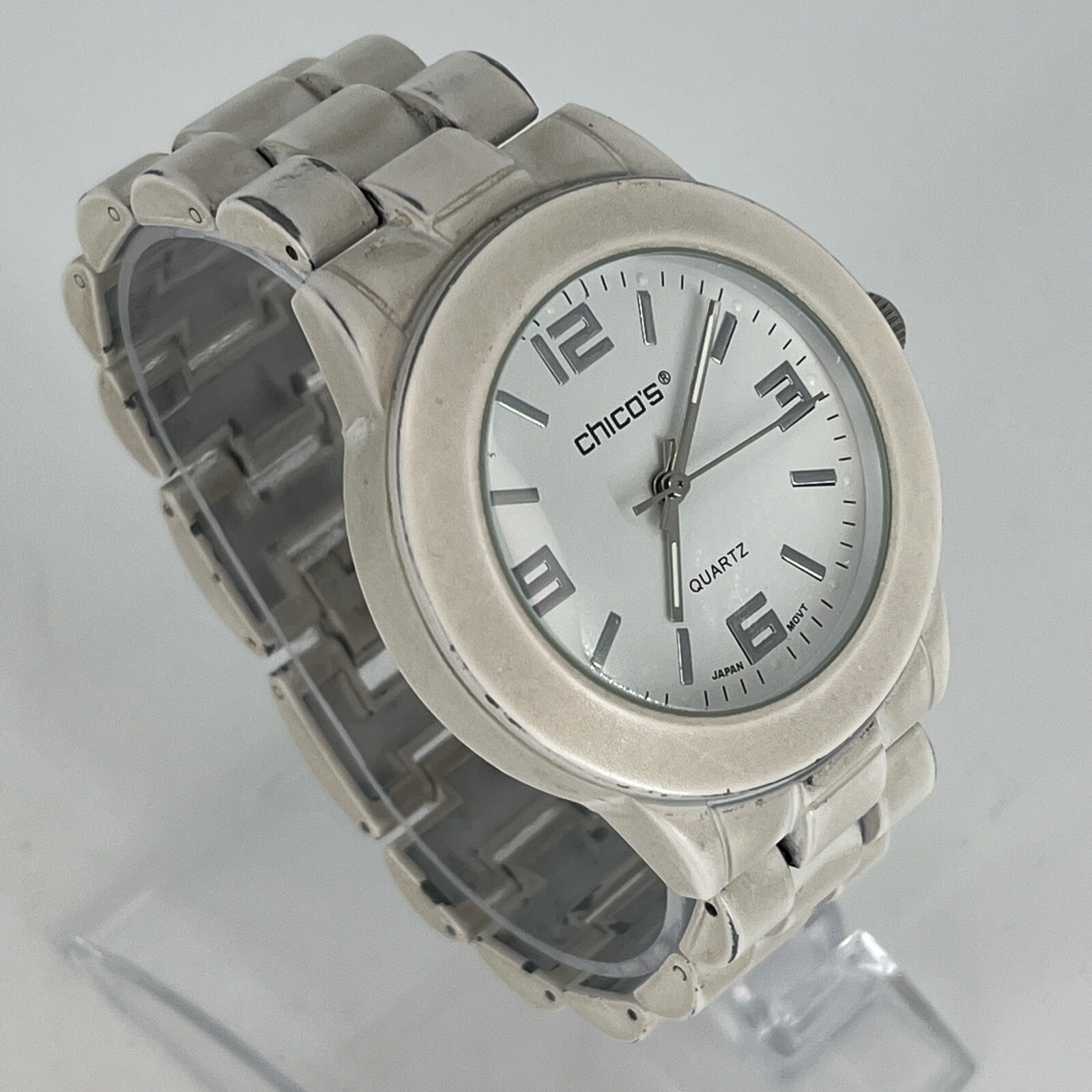 Vintage Chicos Women’s Watch White Tone Dial & Band Jewelry Clasp NEW BATTERY