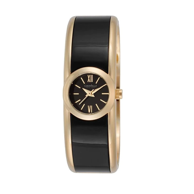 Caravelle New York Ladies Black Dial Black & Gold Cuff Steel Watch 44L147