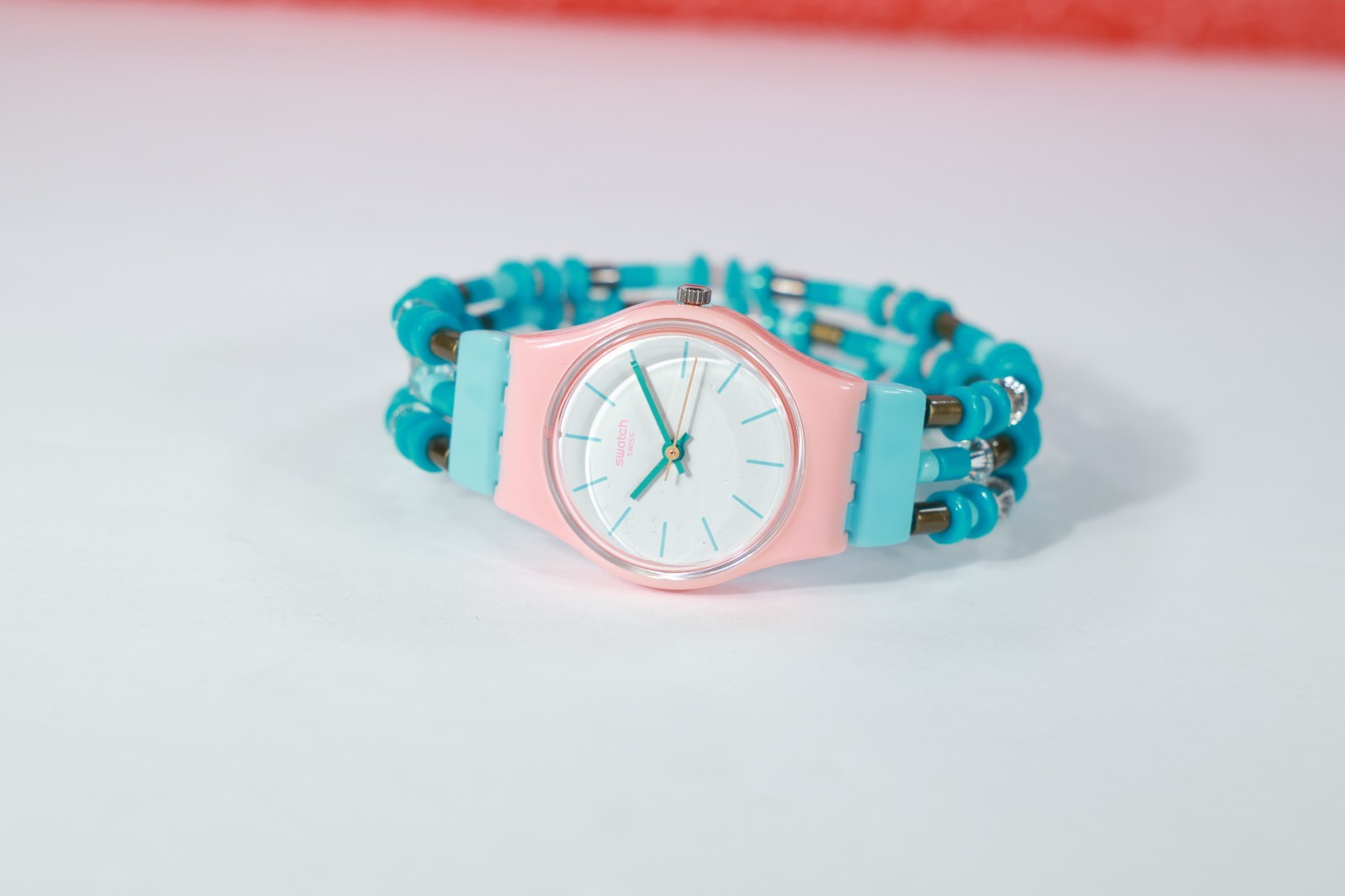 New Swiss Swatch Beadround S Ladies Watch LP142B 25MM One Size White Blue Orang