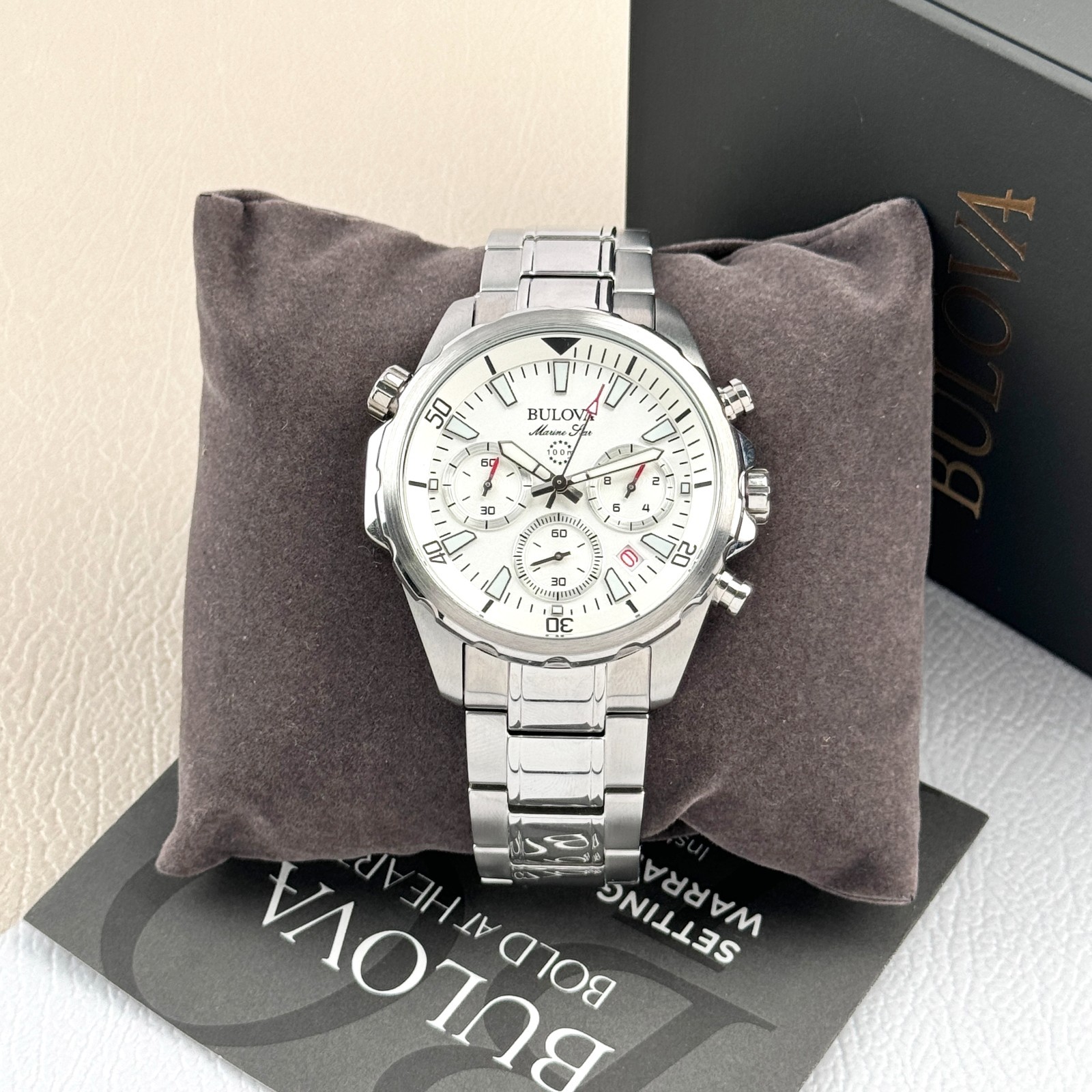 Bulova Mens Marine Star 43MM White Dial Stainless Steel Chronograph Watch 96B255