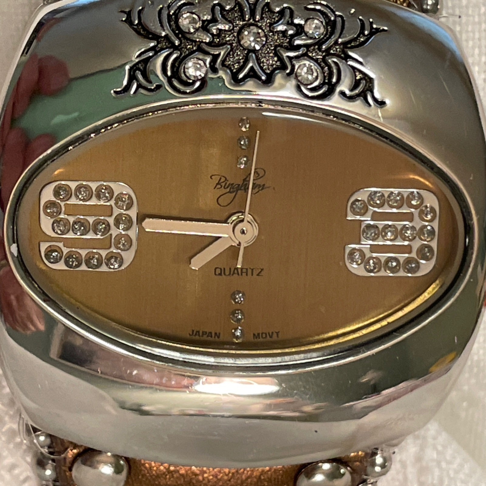 BINGHAM Ornate Quartz Western Style Bronze Tone Faux Leather/Rhinestones Band