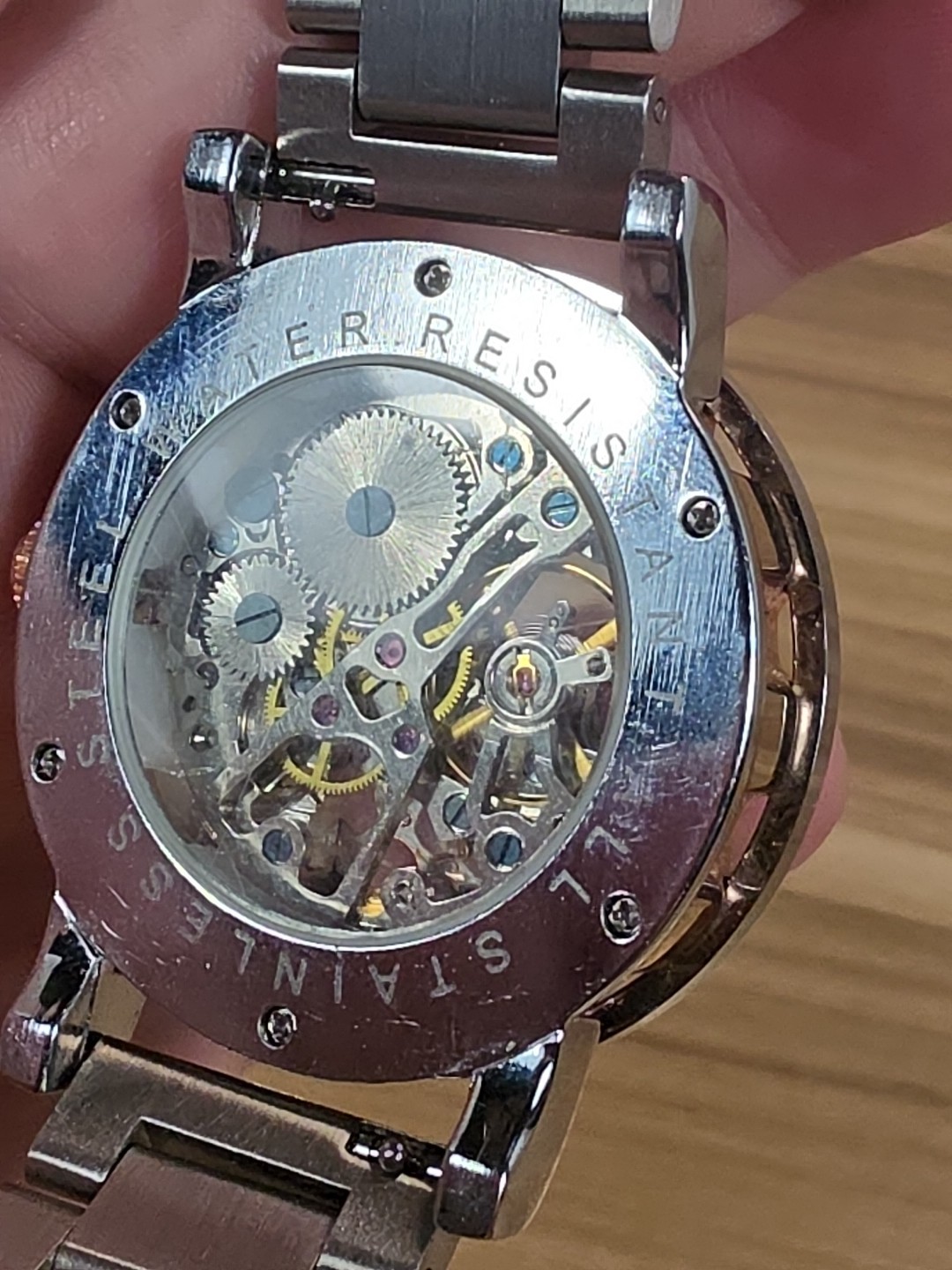 MG ORKINA AUTOMATIC SKELATON GOLD COLORED FACE WATCH WITH Silver BAND