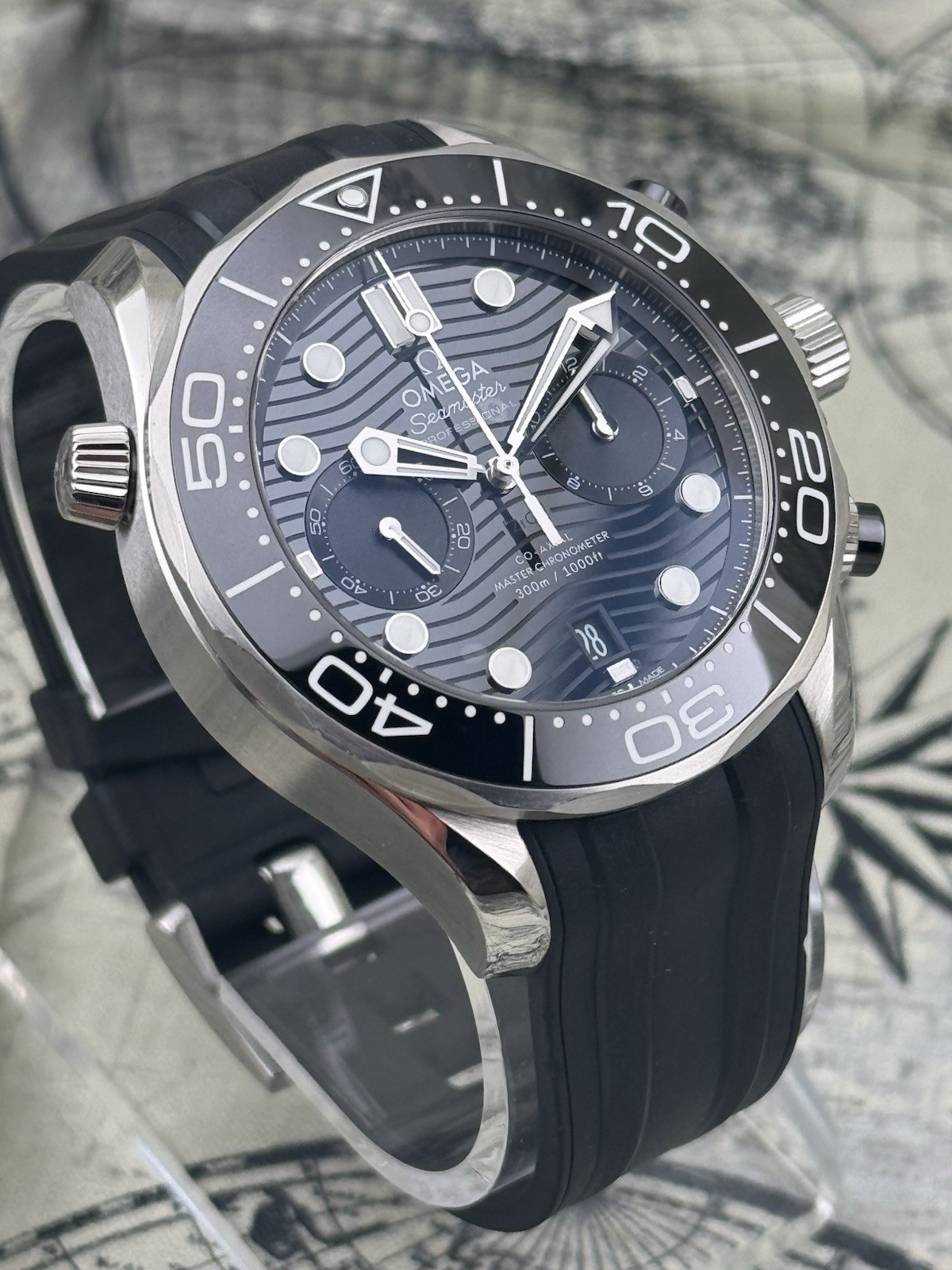 Omega Seamaster Diver 300 Chronograph Black 44 Wave Dial Steel Rubber CO-AXIAL