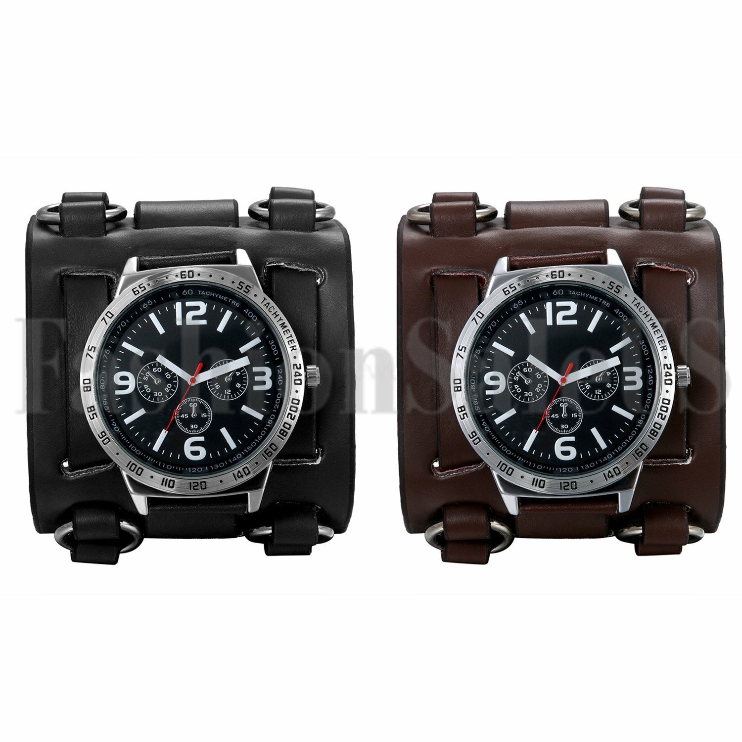 Punk Black Brown Wide Genuine Leather Band Watch Men’s Cuff Wristwatches