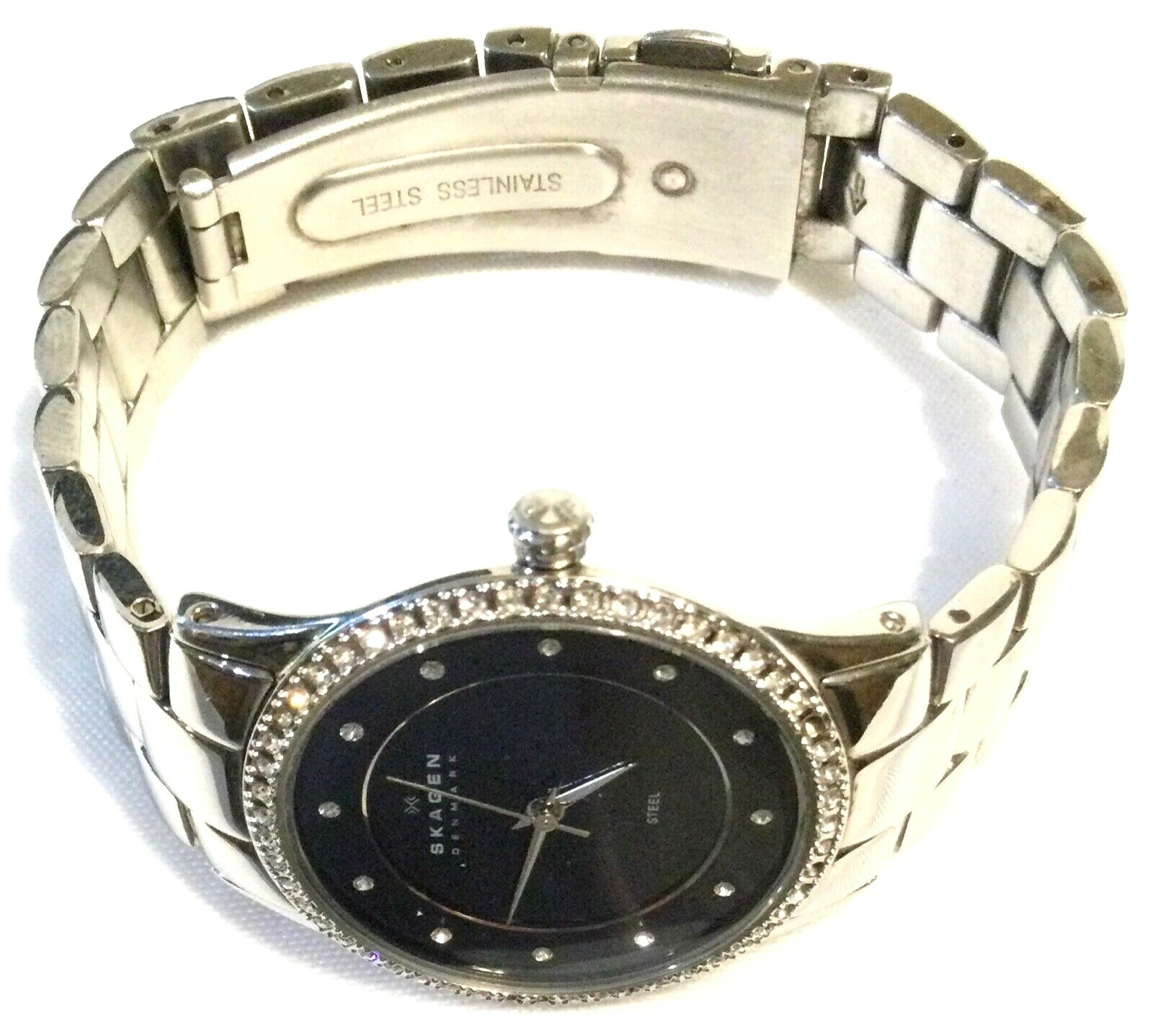SKAGEN DENMARK LADIES WATCH Black Dial Crystal Bezel All Stainless Case & Band