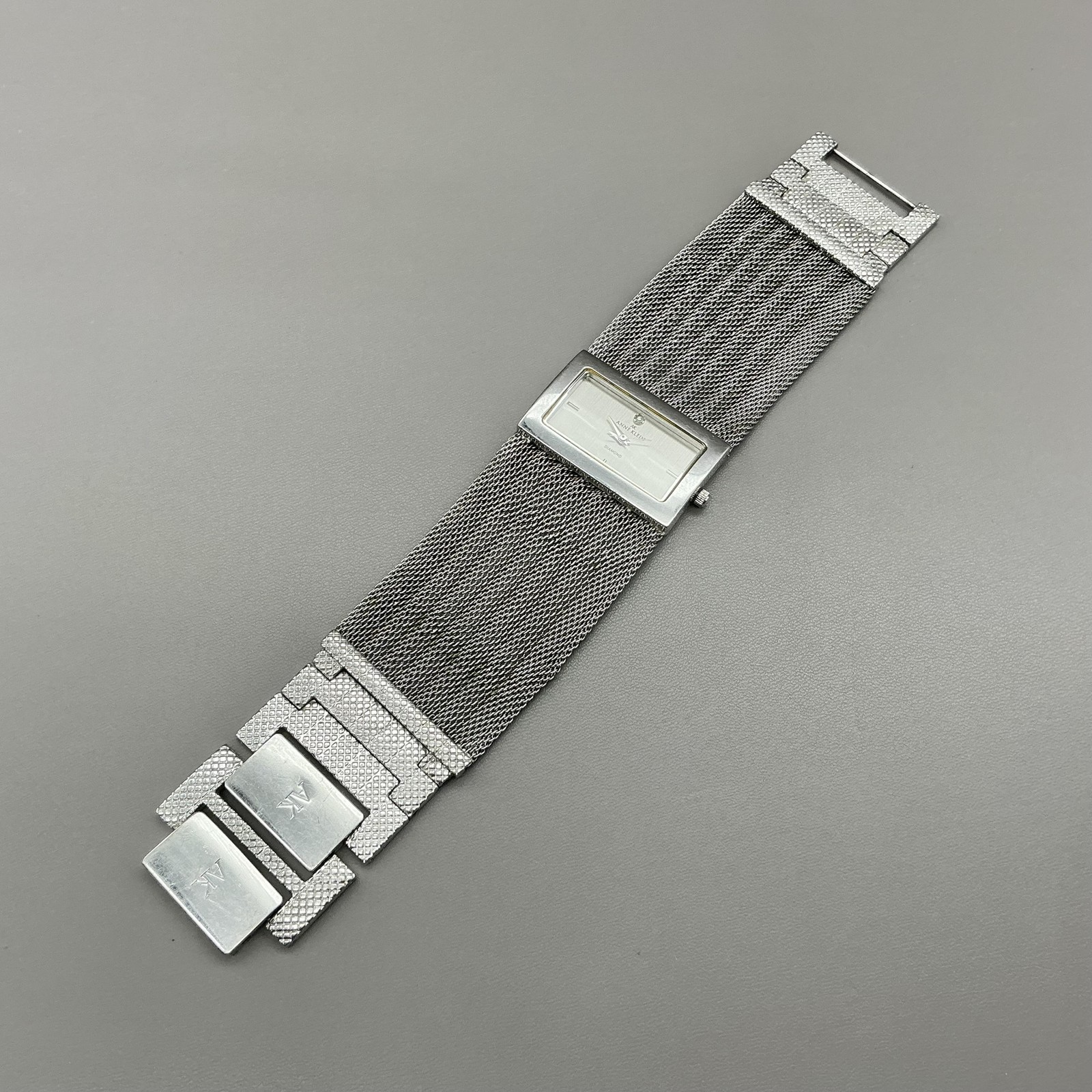 Anne Klein Womens Watch Silver Dial Mesh Bracelet Rectangle Diamond Quartz