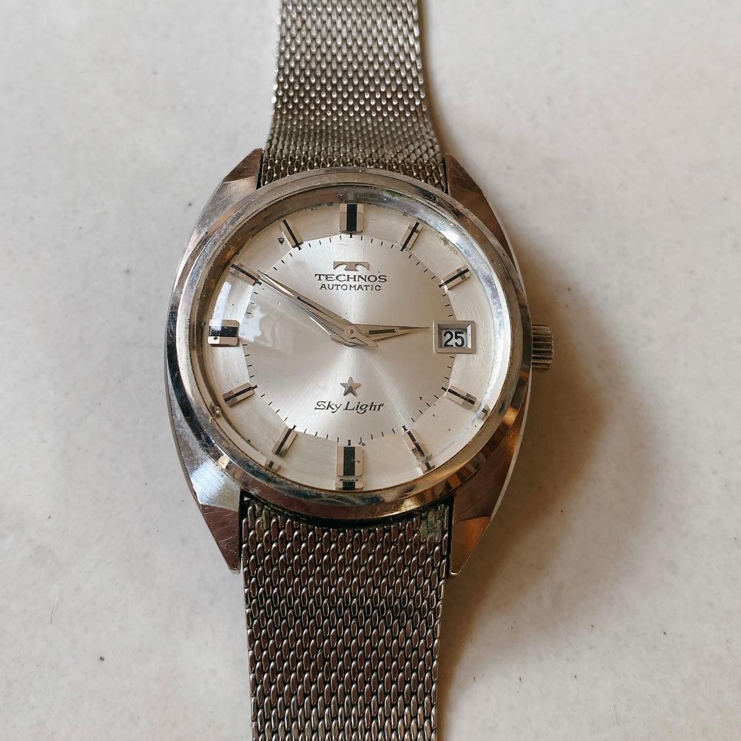 Working 1970s TECHNOS Sky Light Automatic Watch 35mm Case Wrist 22cm / 8.66in
