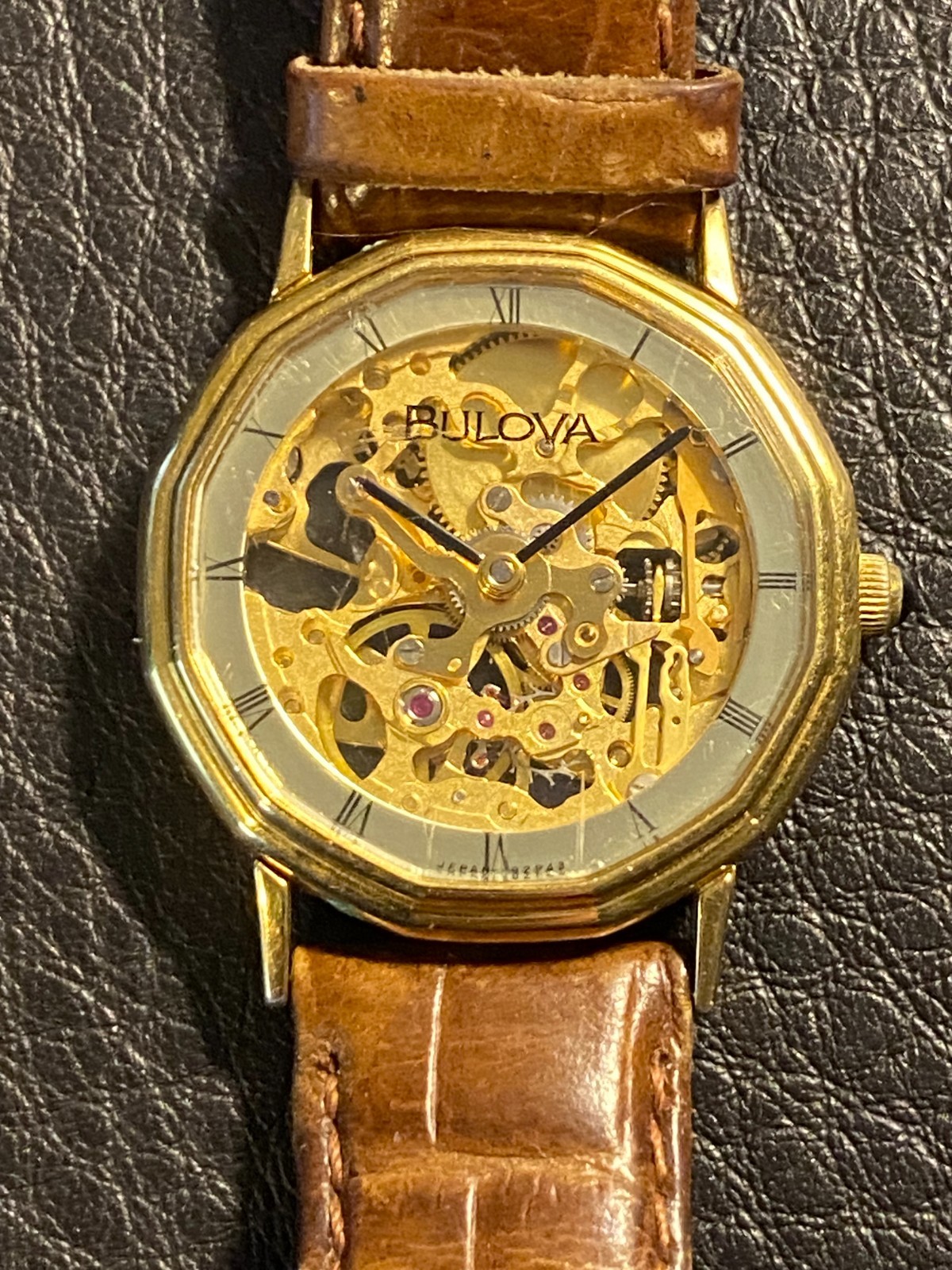 BULOVA GOLD SKELETON Unisex Leather 32mm Watch Onyx Screw