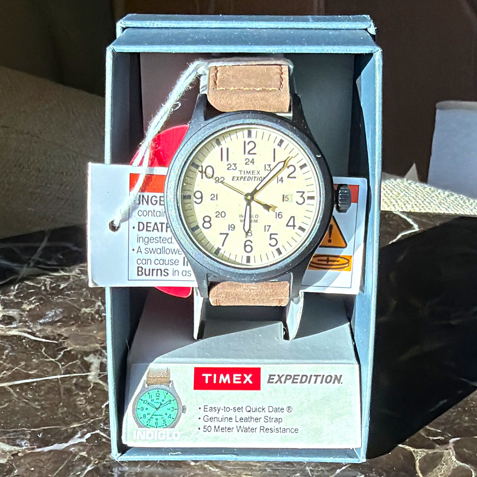 Timex Expedition Men’s Quartz Analog Date Watch 50m Beige Dial Brown Leather