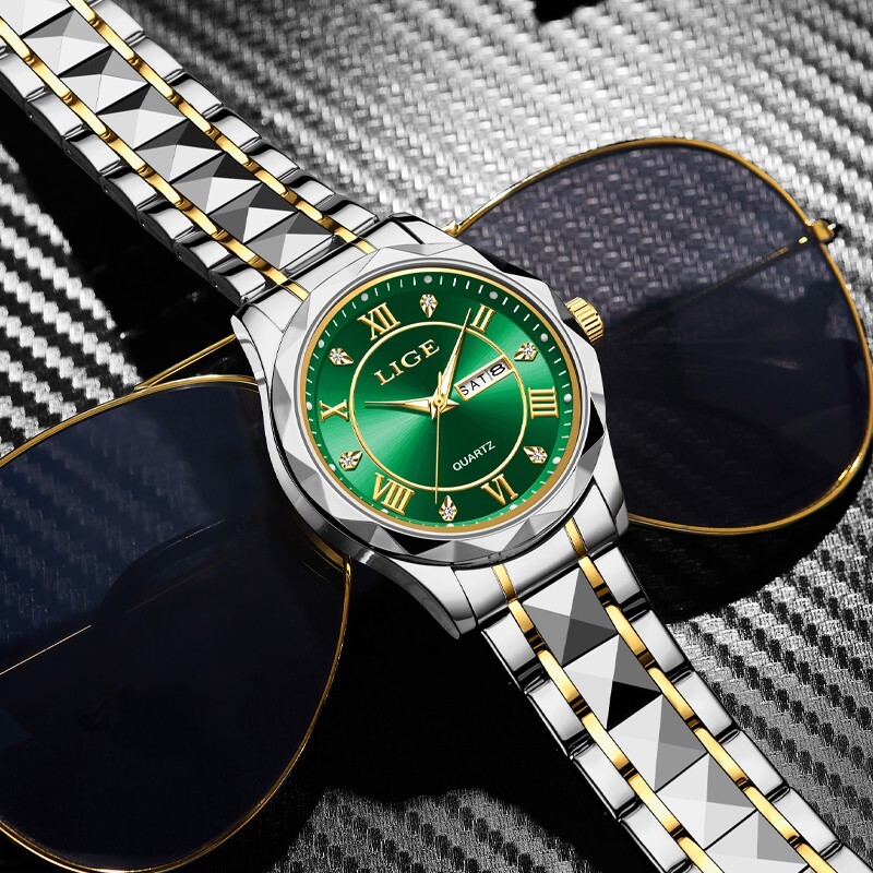 LIGE Men Watch Quartz Stainless Steel Luminous Date Green Dial Daily Wristwatch