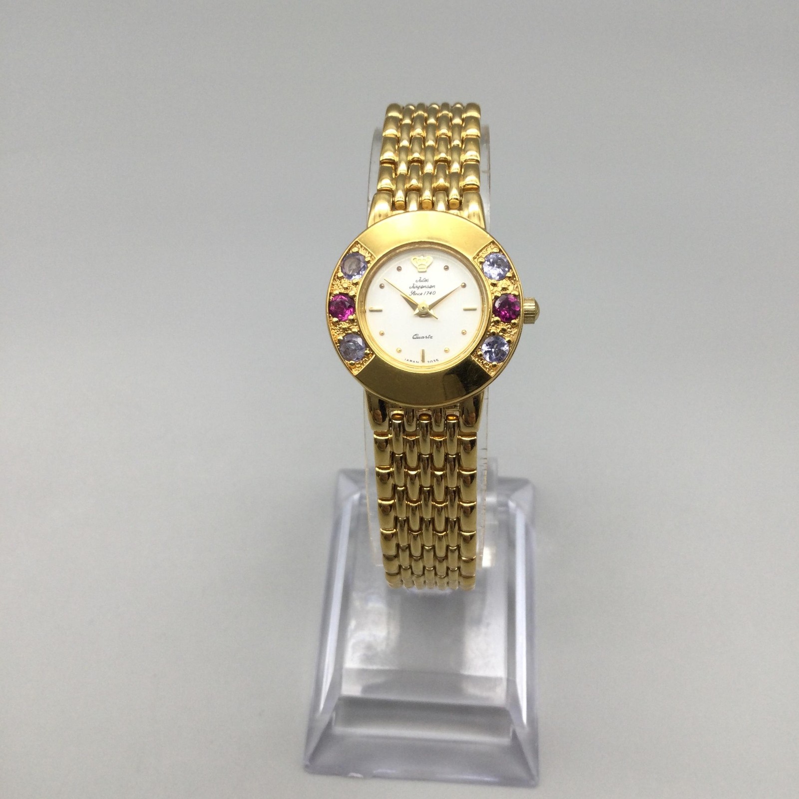 Jules Jurgensen Womens Watch 22mm Gold Tone Red Gemstones New Battery 6.75″