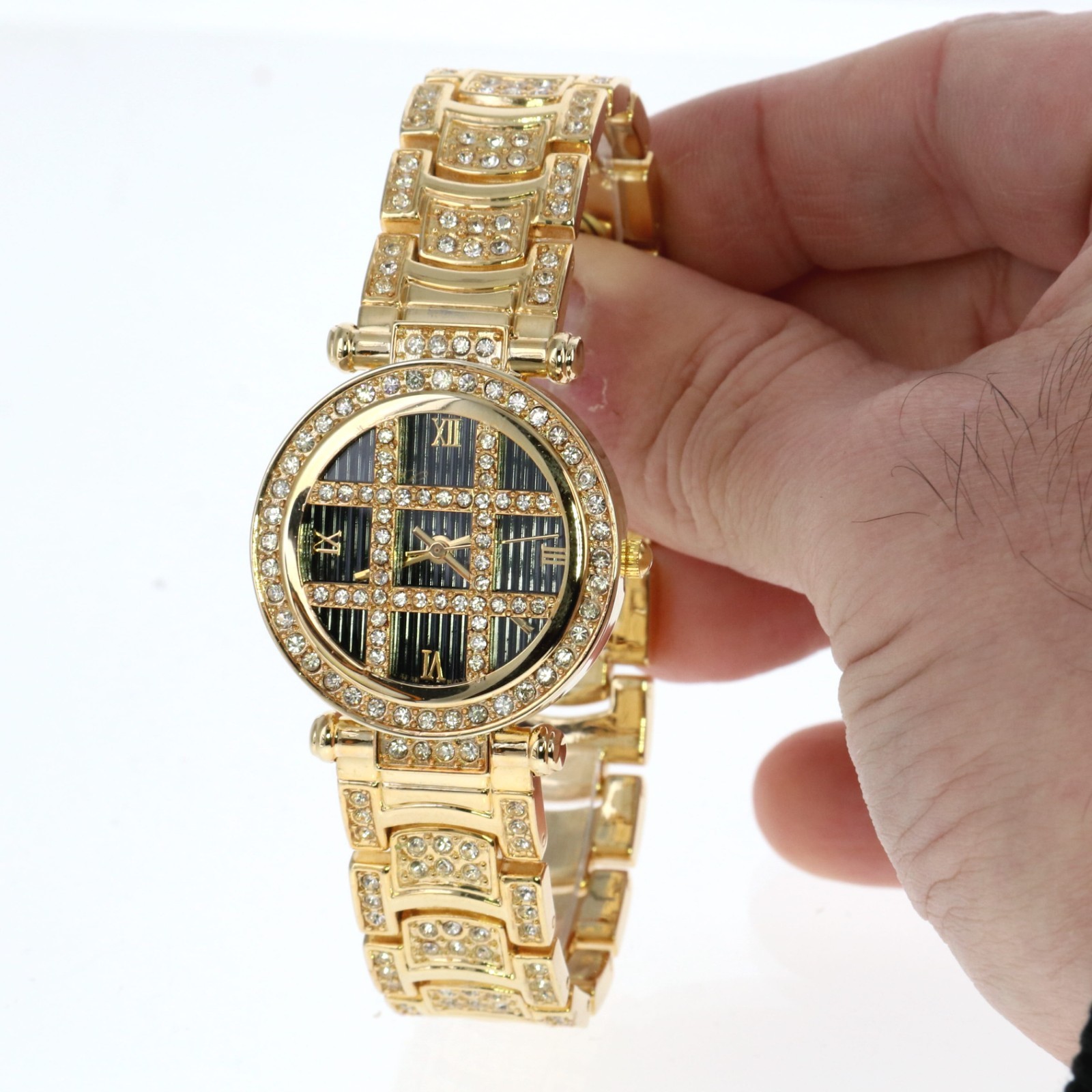 Women’s Gold Tone Fully Iced Bezel & Band Watch Black Dial 35.5mm