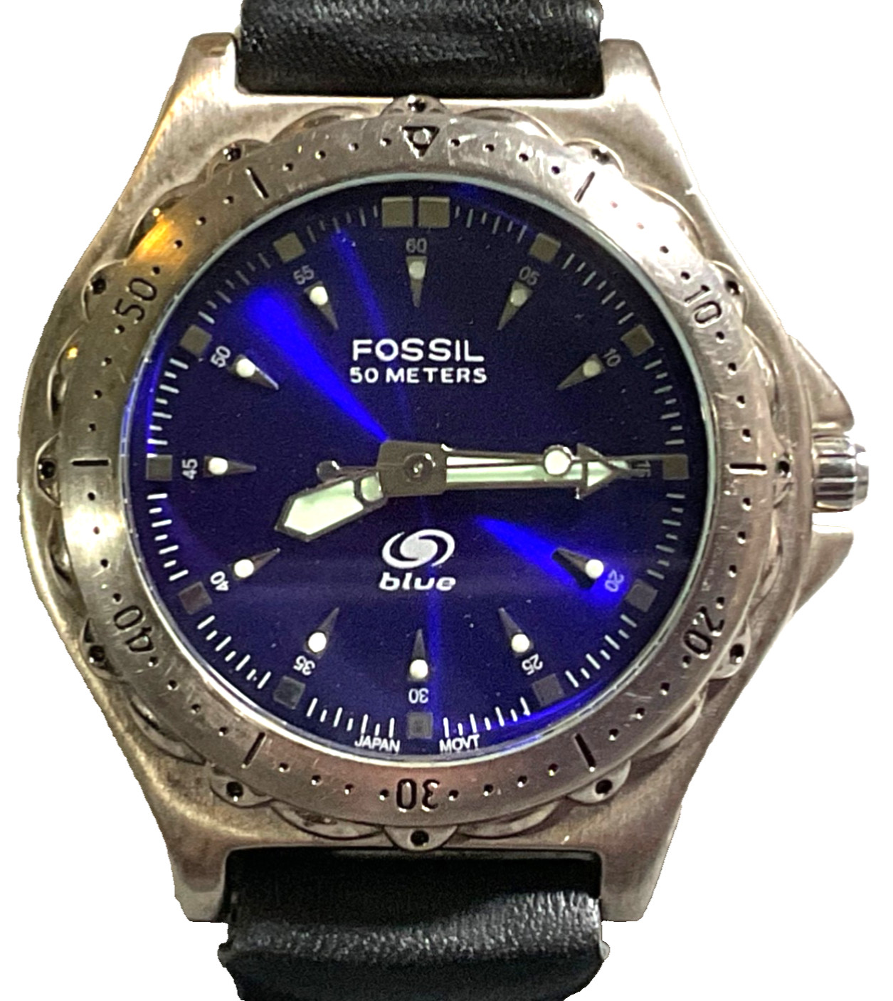 FOSSIL BLUE VINTAGE AM-3134 MENS 41mm WATCH BLUE DIAL NEW BATTERY