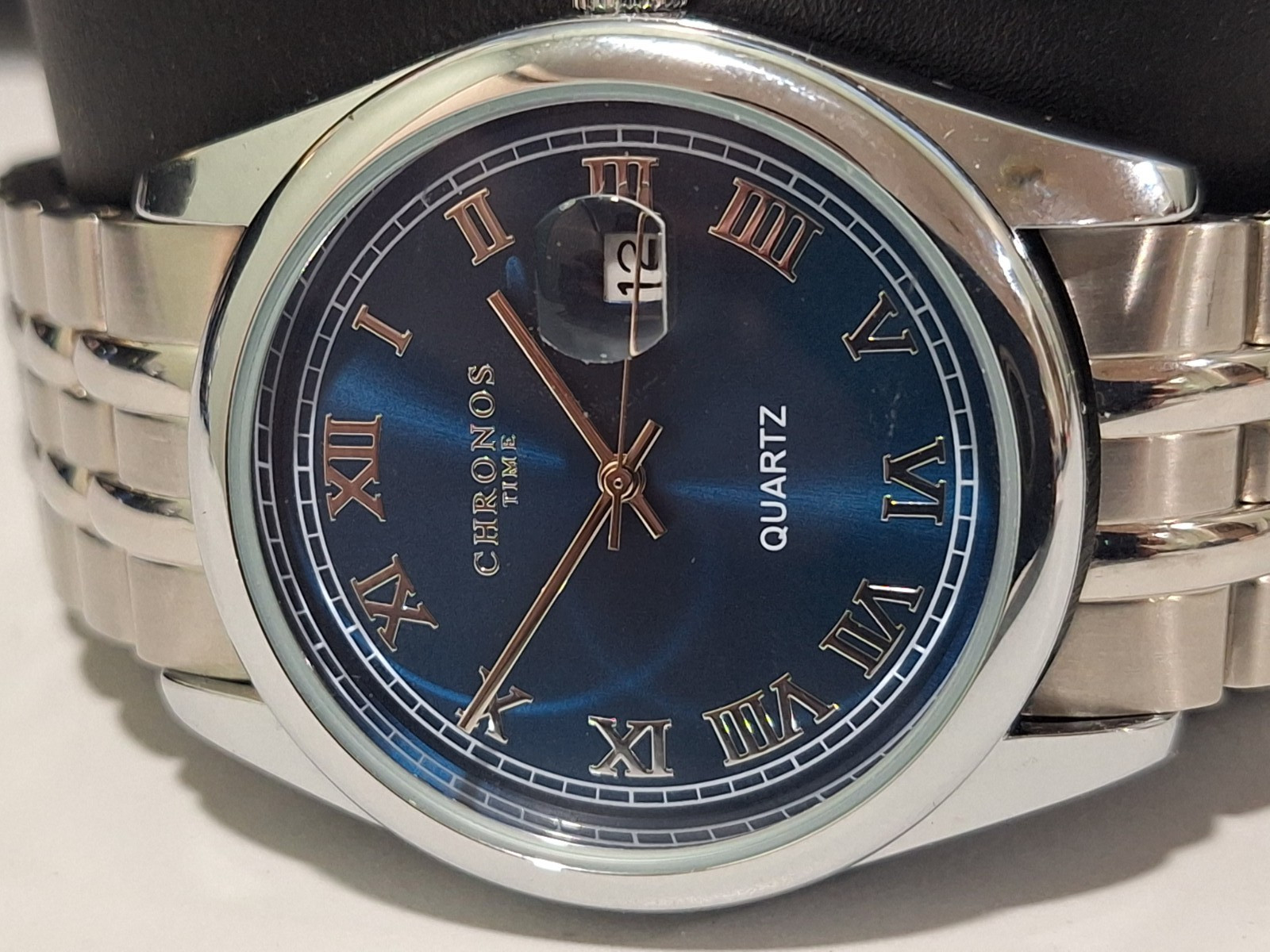 Chronos 40mm Blue Roman Number Dial Quick set Date Quartz CLEAN US Seller