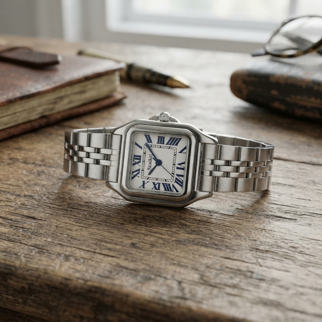 Luxury Women’s Square Analog Watch with Stainless Steel Band & Roman Style