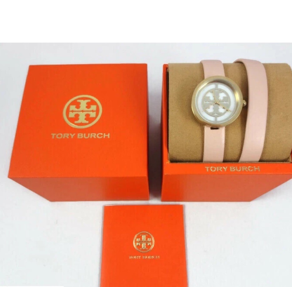 NEW Tory Burch Gold Small Reva Nude Leather Double Wrap Watch TBW4030 Logo