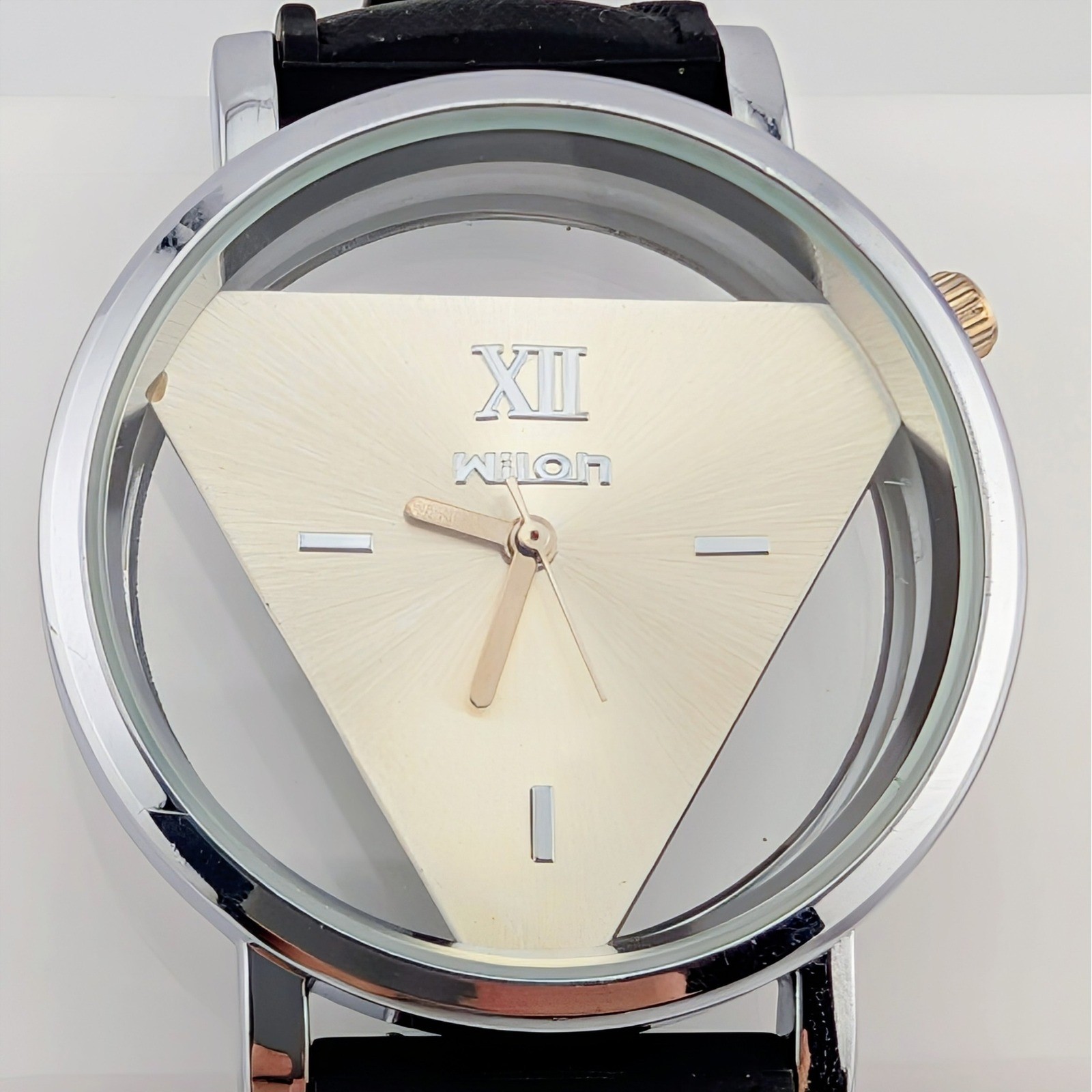 Wilon Triangle Dial Sunburst Quartz Watch Clear Case Black Silicone Strap 38mm