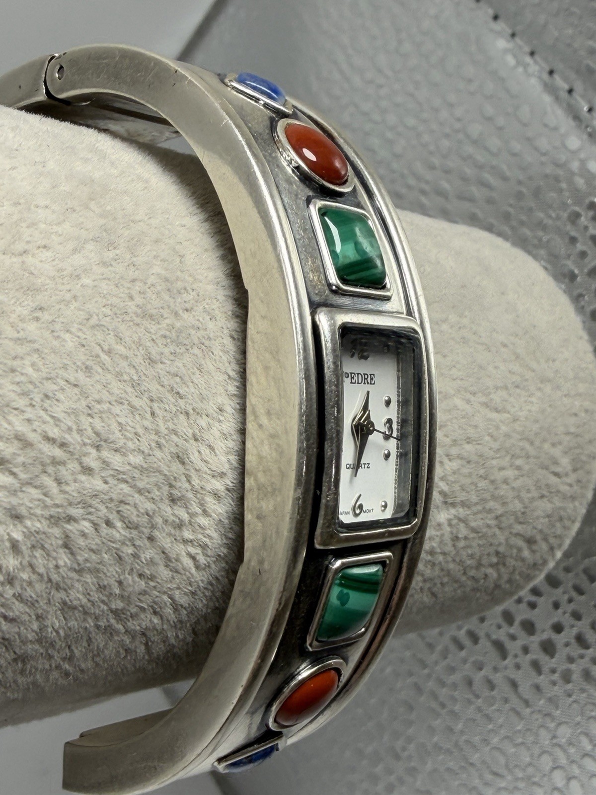 Pedre Ladies Watch Silver Tone Red Blue Green Stone Cuff New Battery 6.25″