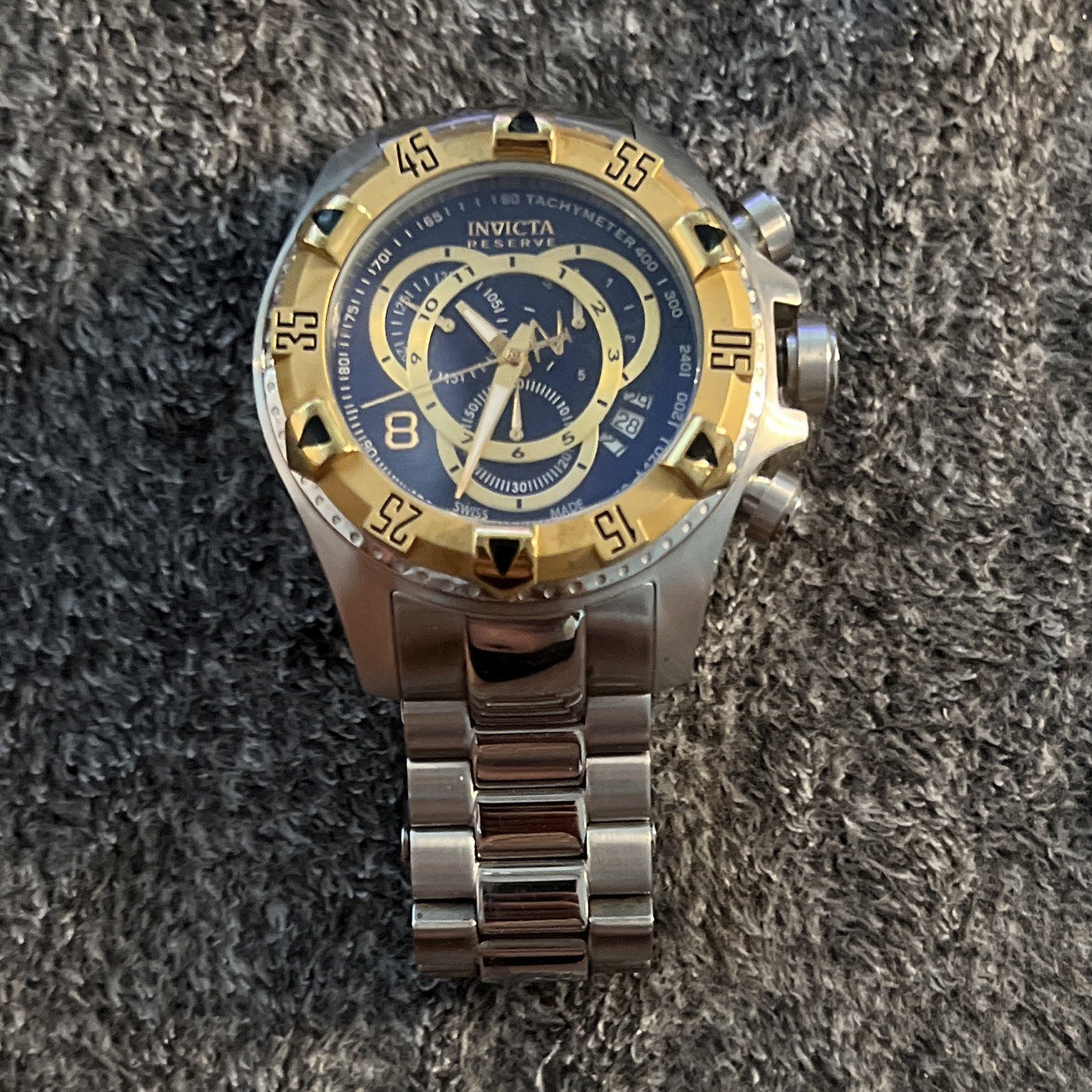 Invicta Reserve Men’s Quartz Chronograph 45mm Blue Dial Gold Tachymeter Bezel