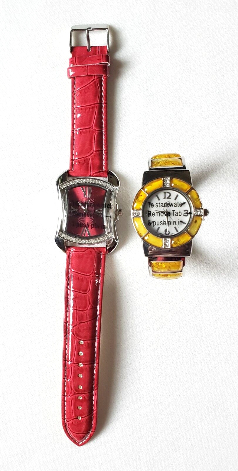 2 New Womens Burgi BTV020AM Yellow Bangle & BTV011B Red Leather Strap Watches