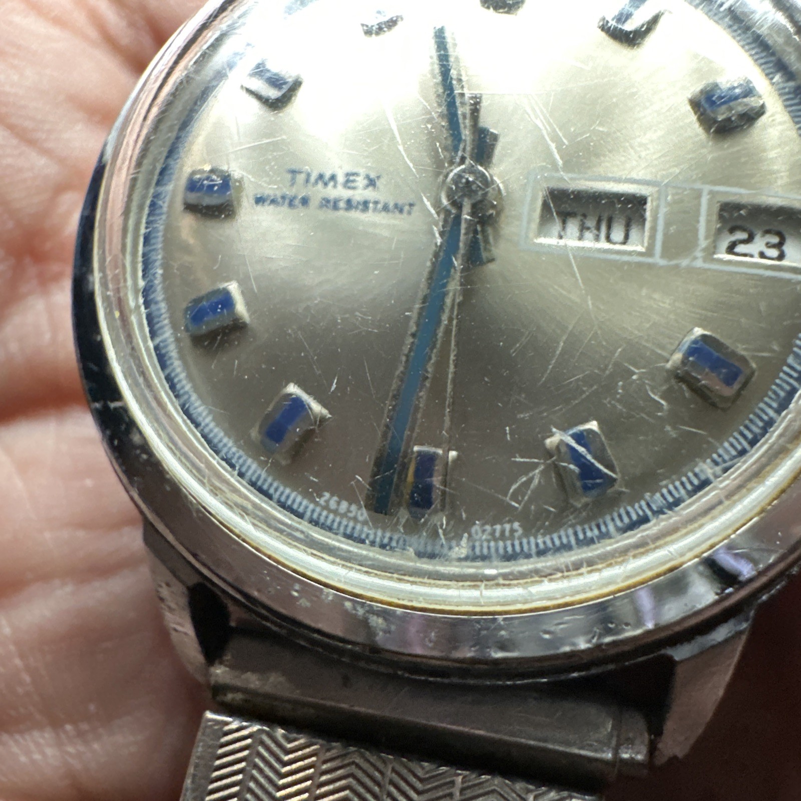 Works VTG 1975 Timex Viscount Day Date Manual Wind Silver Mens Watch 35mm Fit 8”