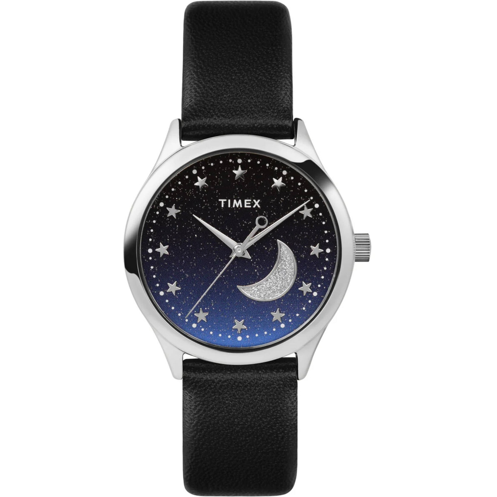 Timex Women’s Watch Celestial Blue Glitter Dial Black Leather Strap TW2V49200
