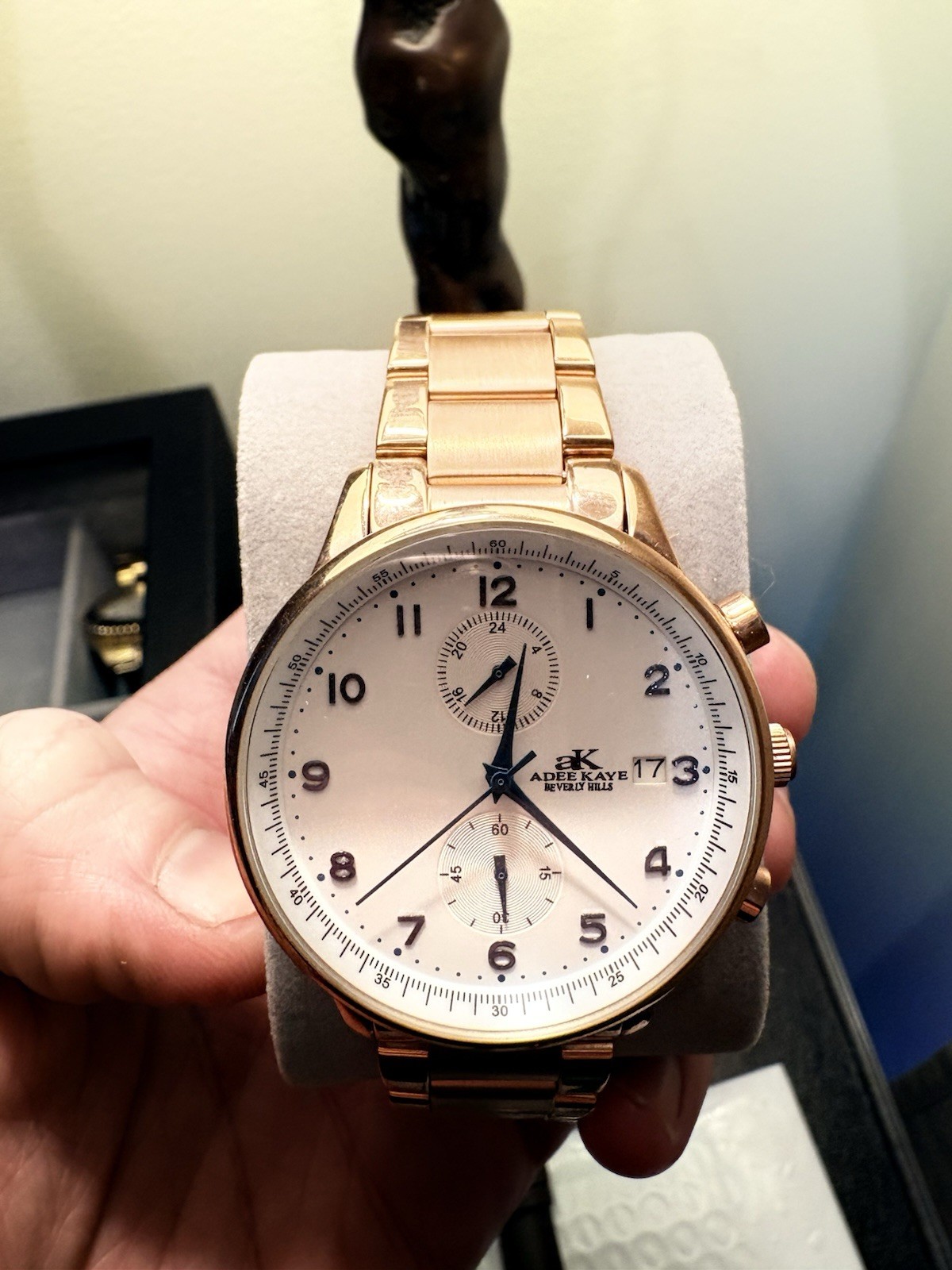 Adee Kaye Men’s Chronograph Watch White Dial W/ Blue Numerals/Hands + Date