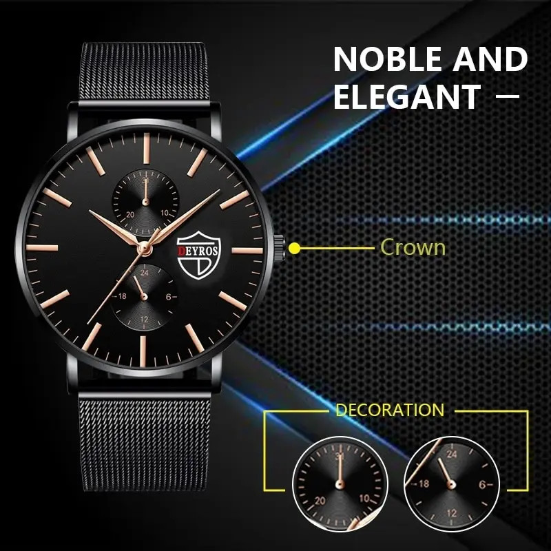 Men’s Luxury Ultra Thin Quartz Watch with Black Stainless Steel Mesh Band