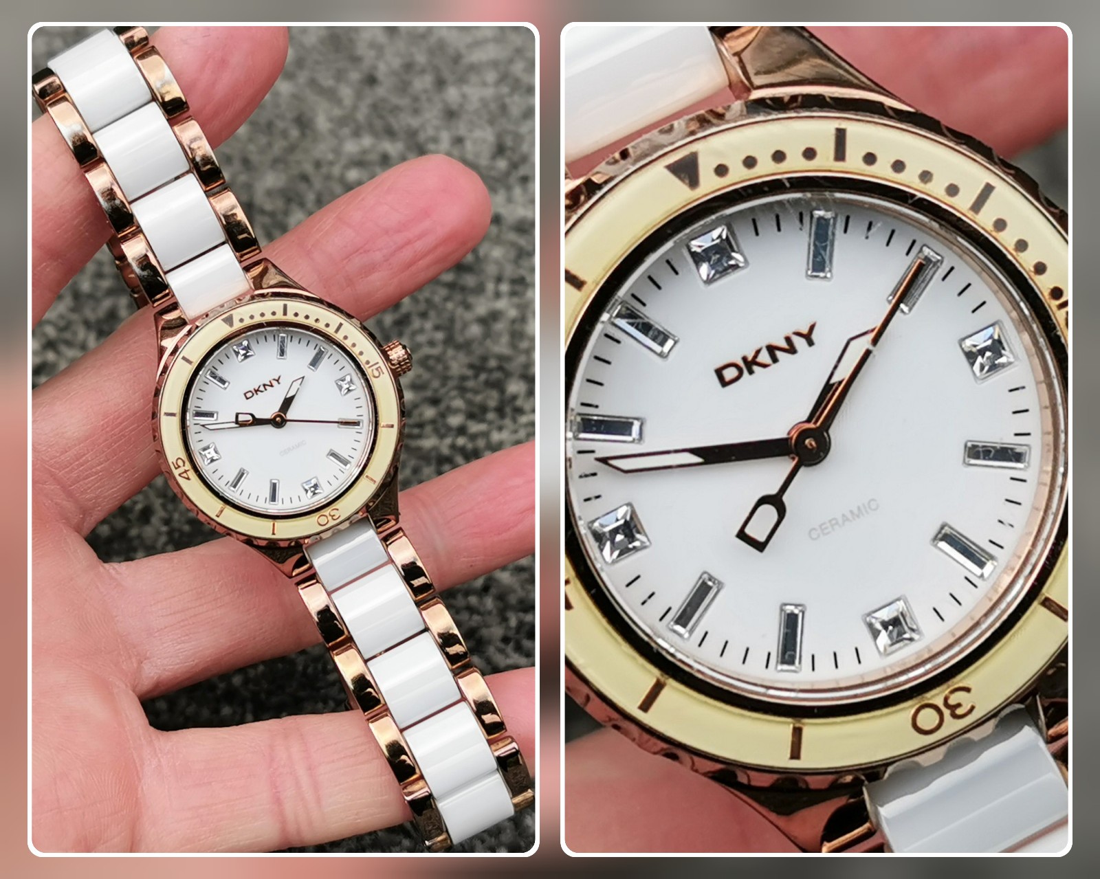 DKNY NY850 Rose Gold Watch, White Round Dial Ceramic Bracelet, Deployment Clasp