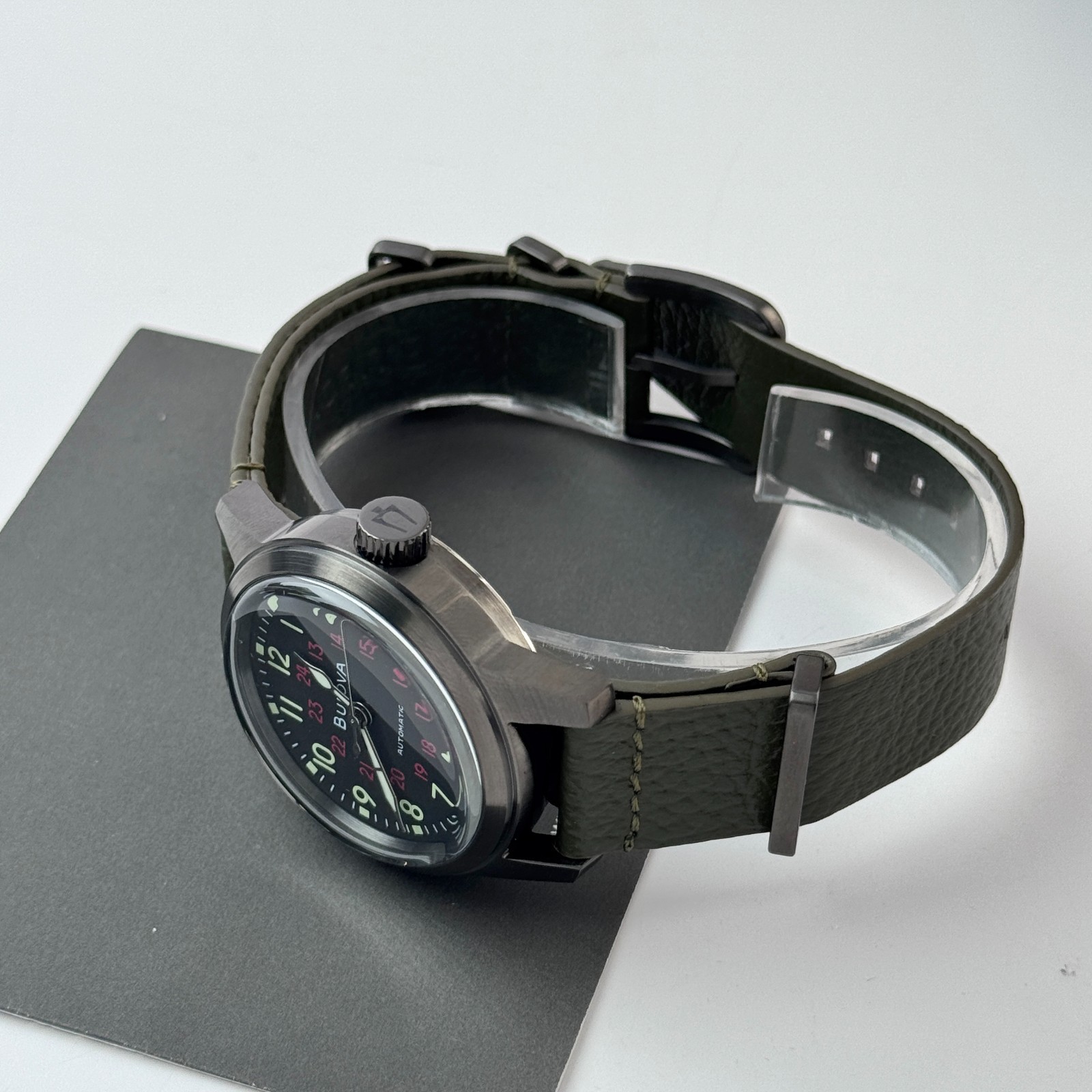 Bulova Men’s Military Hack Automatic Black Dial Green Leather Strap Watch 98A255