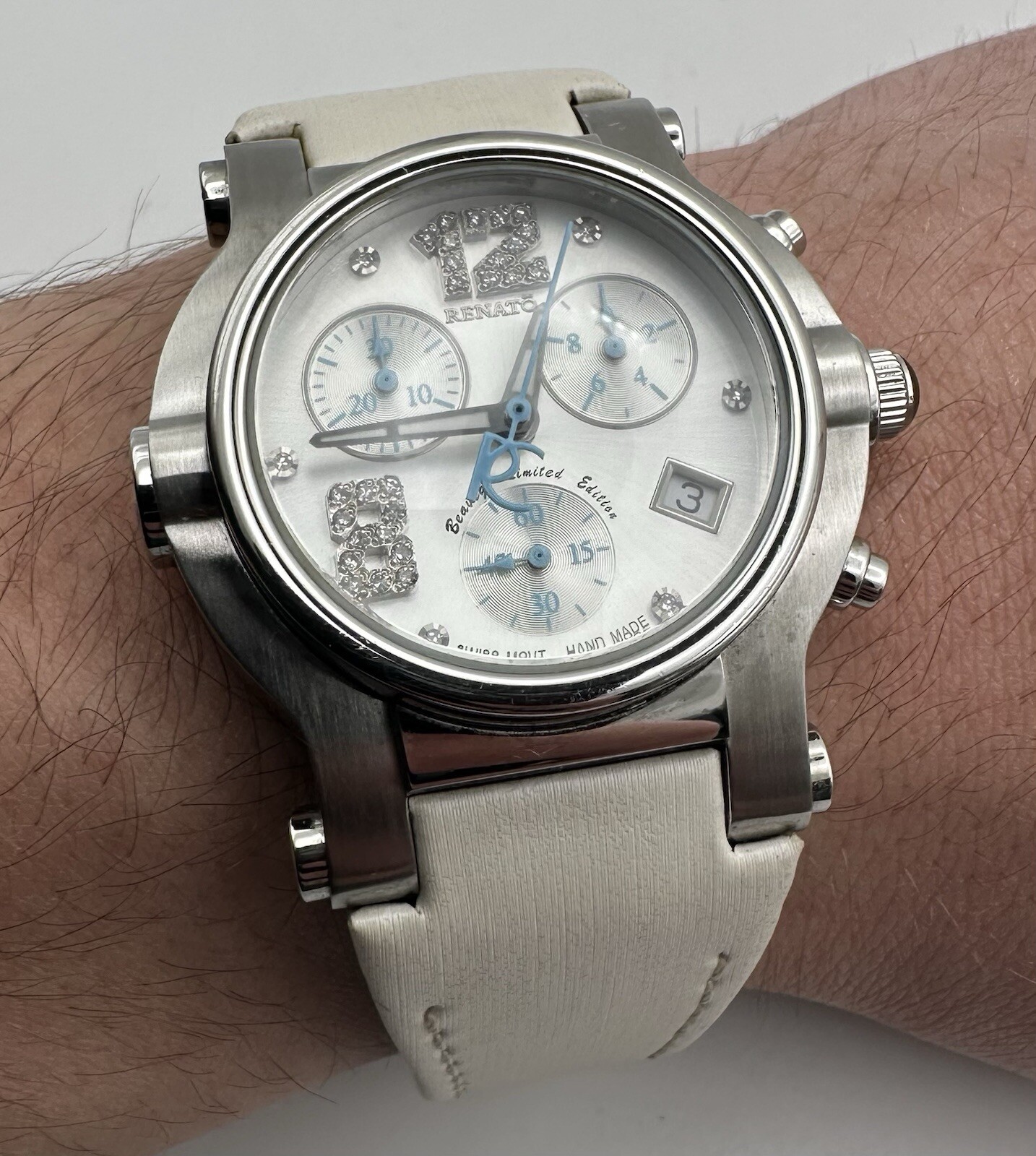 Renato Chronograph Watch Beauty Hybrid Collection Baby Blue & Silver Diamonds