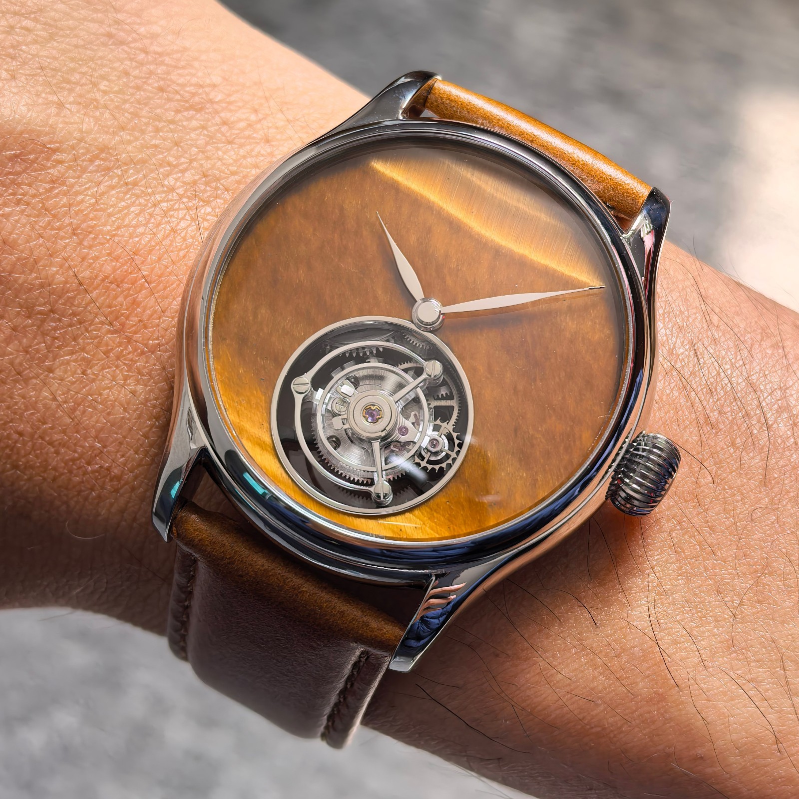 Merkur Men Tourbillon Watch 42mm Mechanical Wristwatch Sapphie Yellow Stone Dial