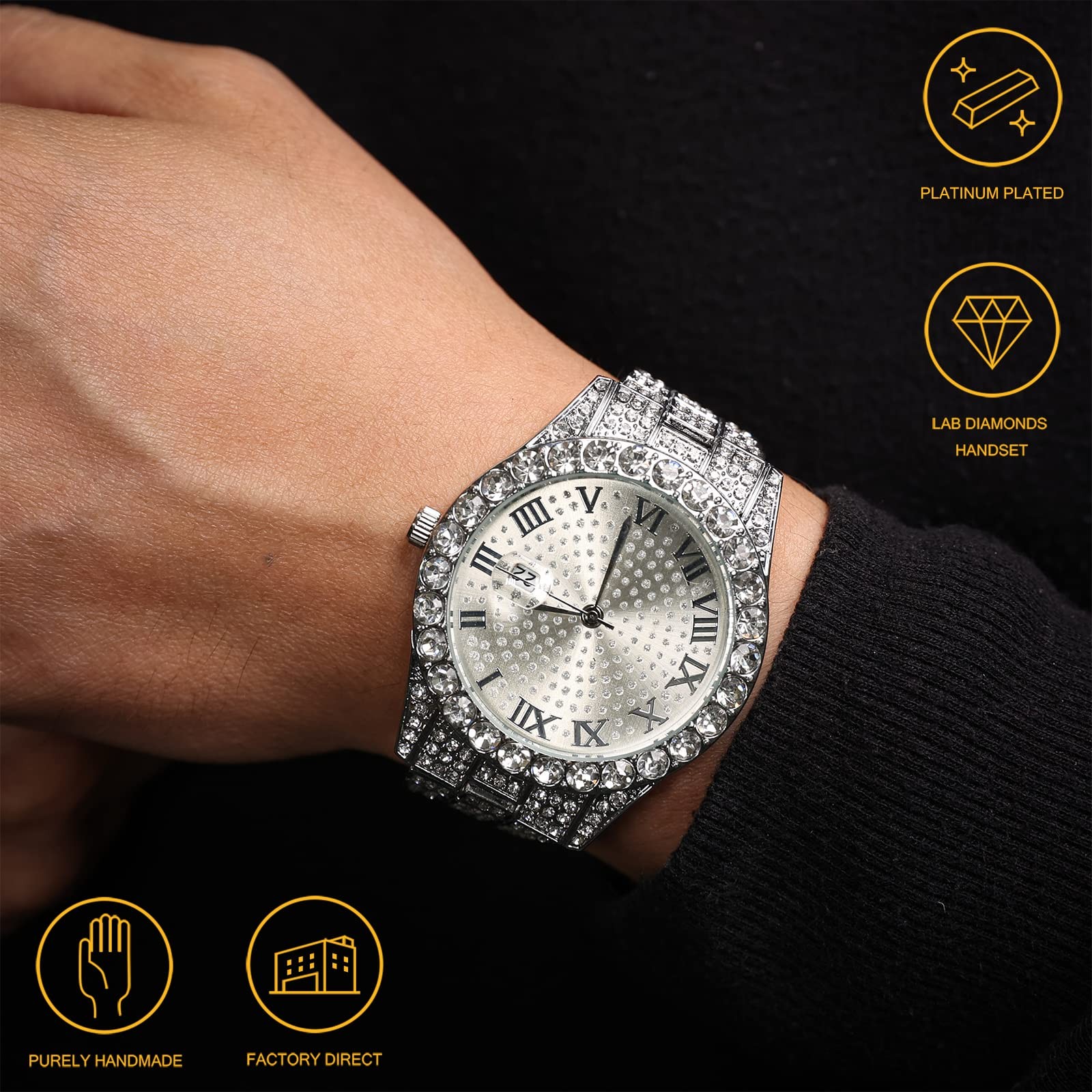Mens Luxury Diamond Watch Silver Plated Round Dial Quartz Wristband 42MM NEW!