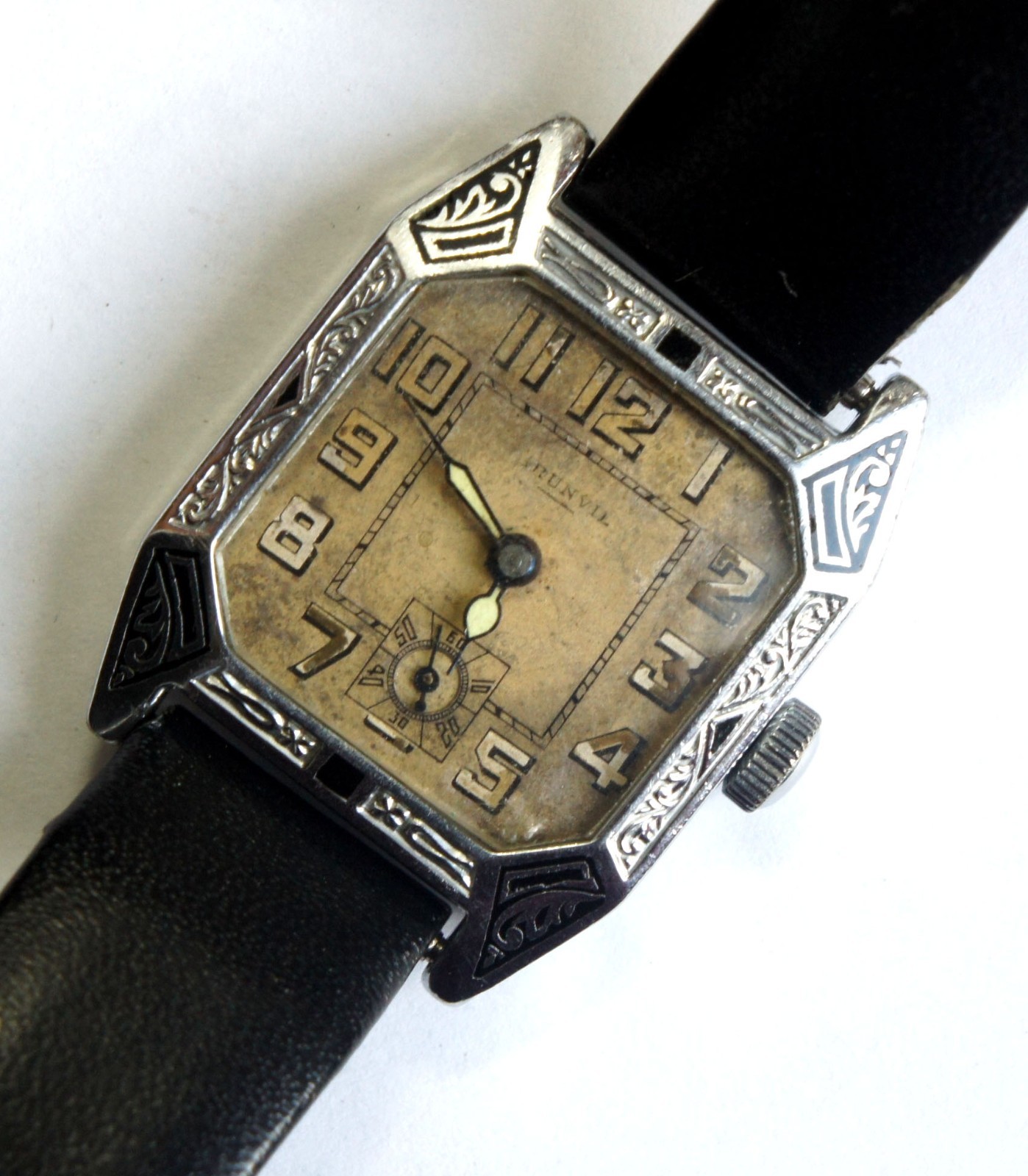 Vintage 1930s Brunvil Art Deco Watch 15J 3Adj Swiss Men Dress Tank Serviced Run