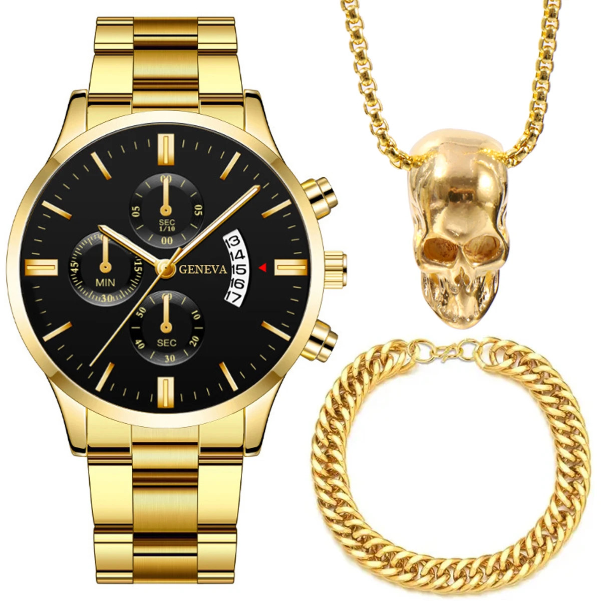 Luxury Men’s Stainless Steel Quartz Wristwatch with Bracelet Necklace Set
