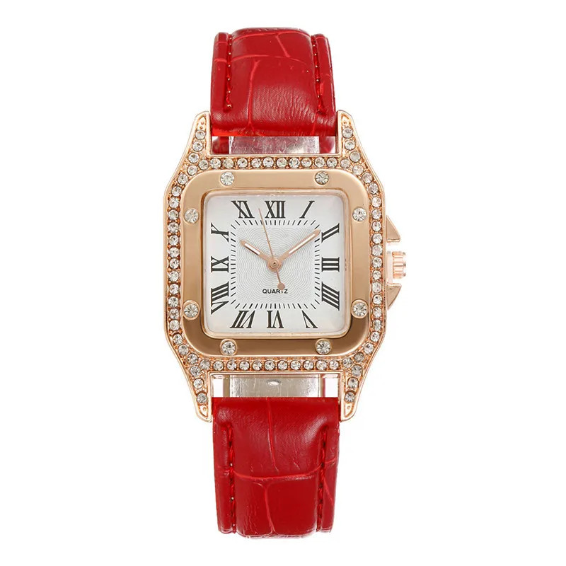 Square Quartz Women’s Watch Set With Diamond Inlay Leather Strap Small Square