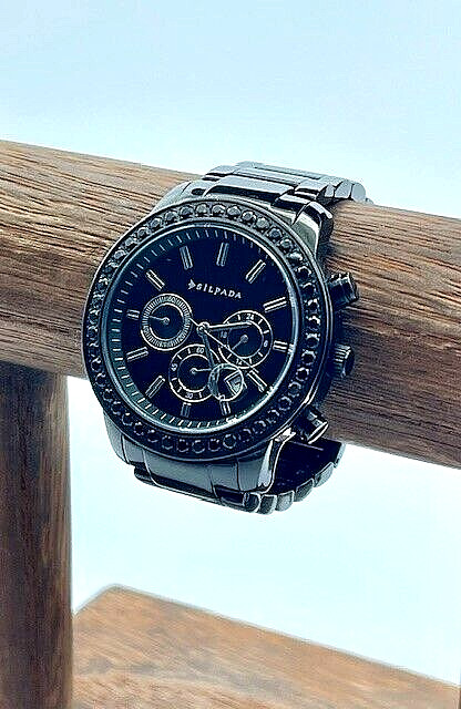 Silpada Black on Black 45 CZ Jewels Stainless Steel Case Chronograph Watch T3139