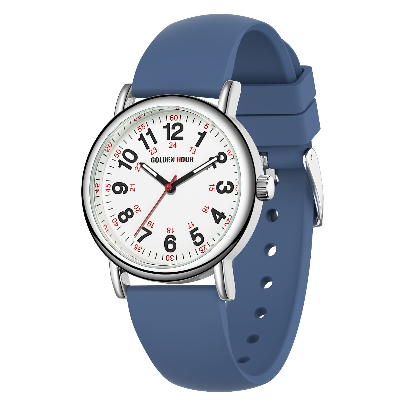 GOLDEN HOUR Waterproof Nurse Watch, 38mm, 24-hour Luminous Dial, Red Second H…