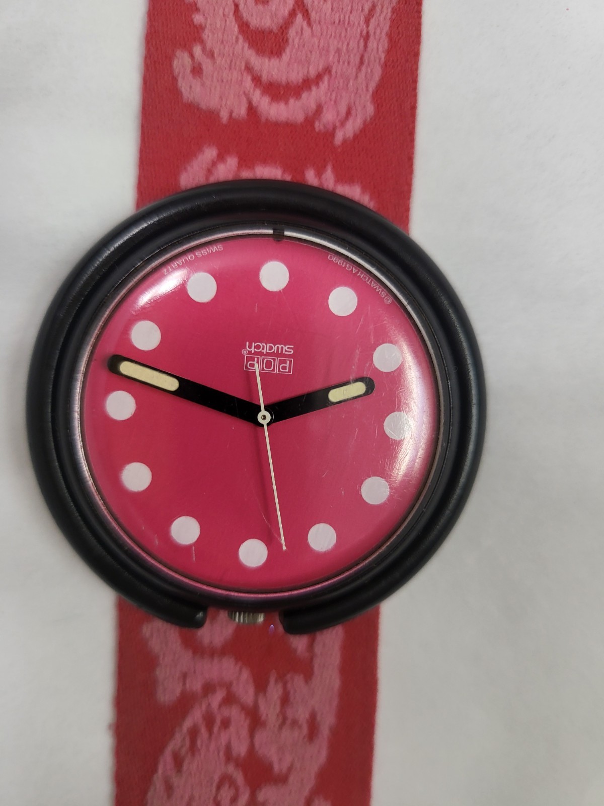 1990 Swatch Pop Shangri Watch Red Pink Velvet Polka Dots One Piece Strap
