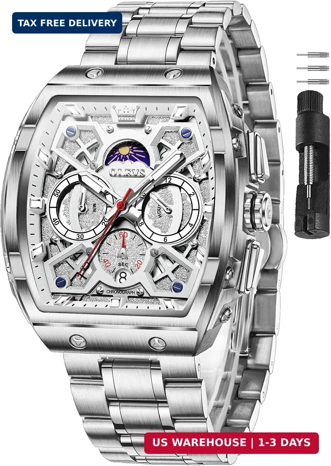 OLEVS Men’s Watch Luxury Durable Stainless Steel 3ATM Waterproof Tonneau Watch w