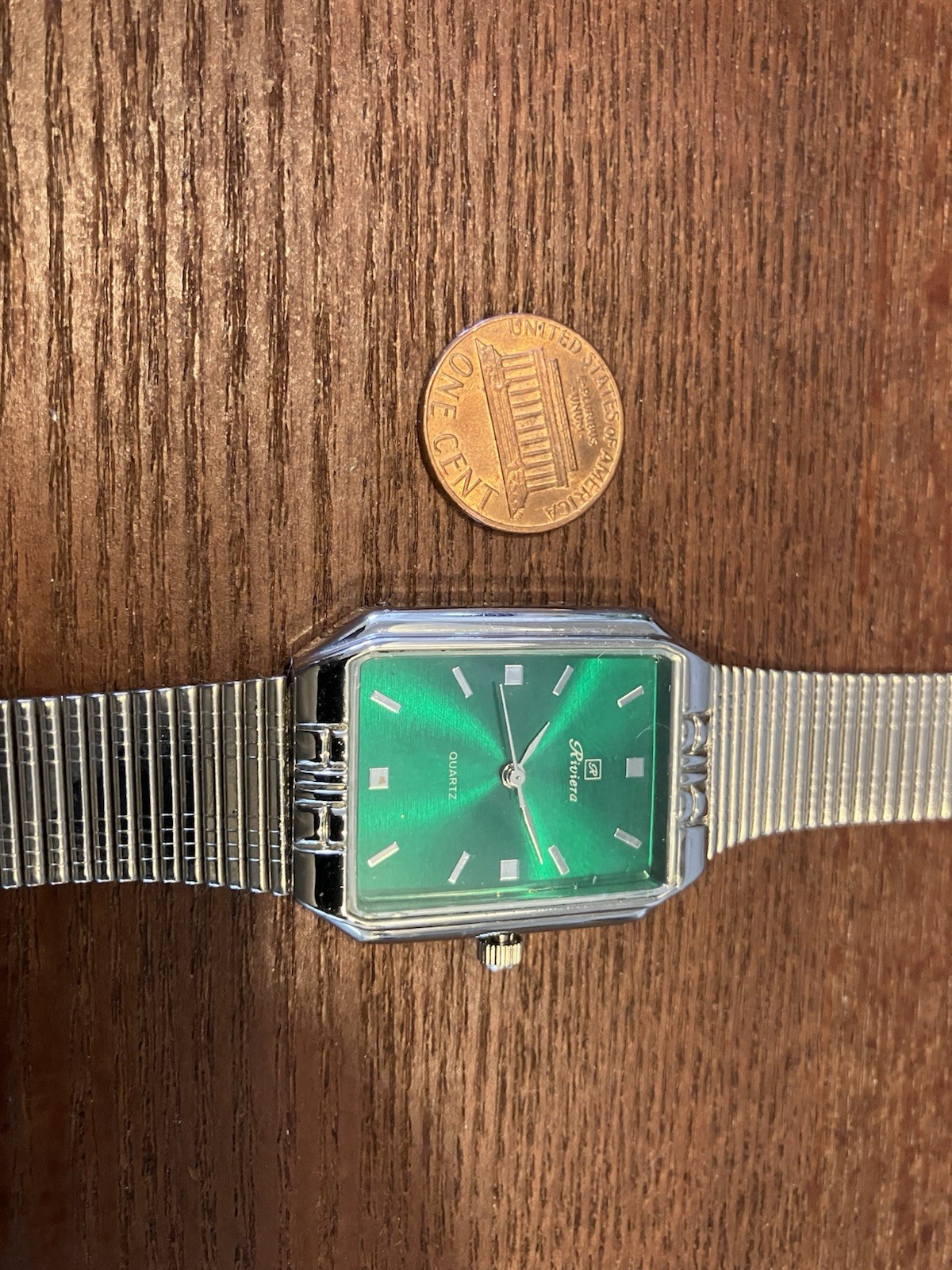 Riviera Unisex Quartz Watch Green Rectangle Dial Silver Metal Bracelet Seconds