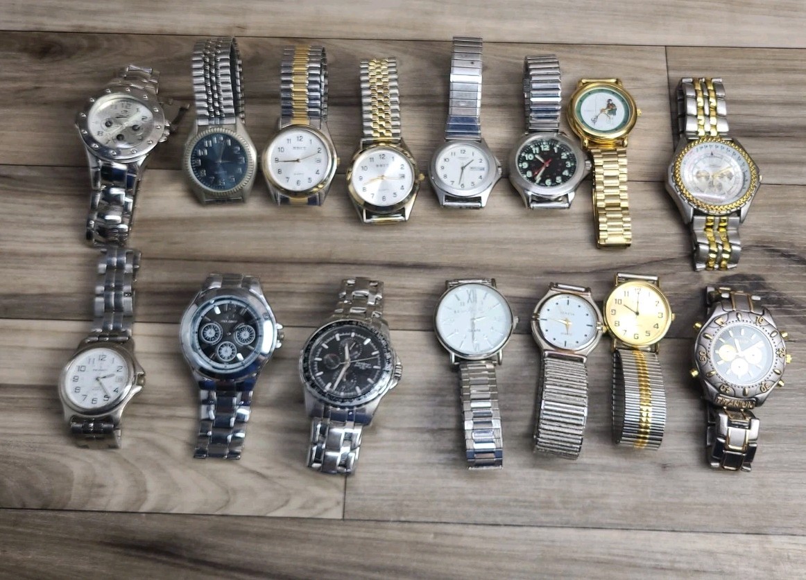 Lot Of 15 Analog Wathes Untested Need Batteries Brut Armitron Peugeot Quartz