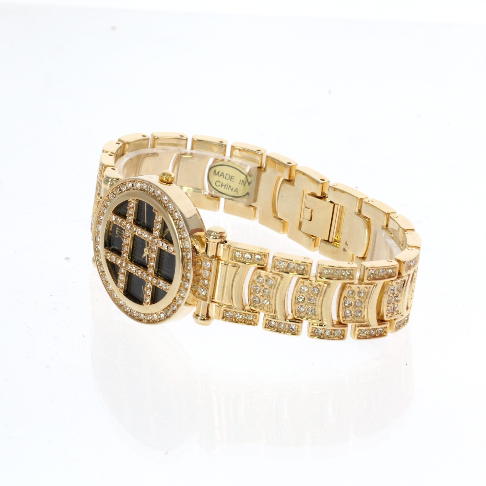 Women’s Gold Tone Fully Iced Bezel & Band Watch Black Dial 35.5mm