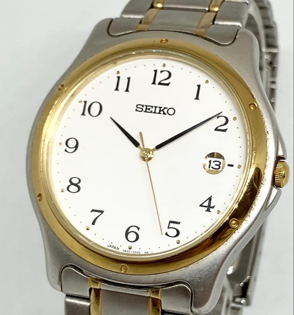 SEIKO Seiko Watch, Date Display, White Dial, Three Hands, 7N32-0151