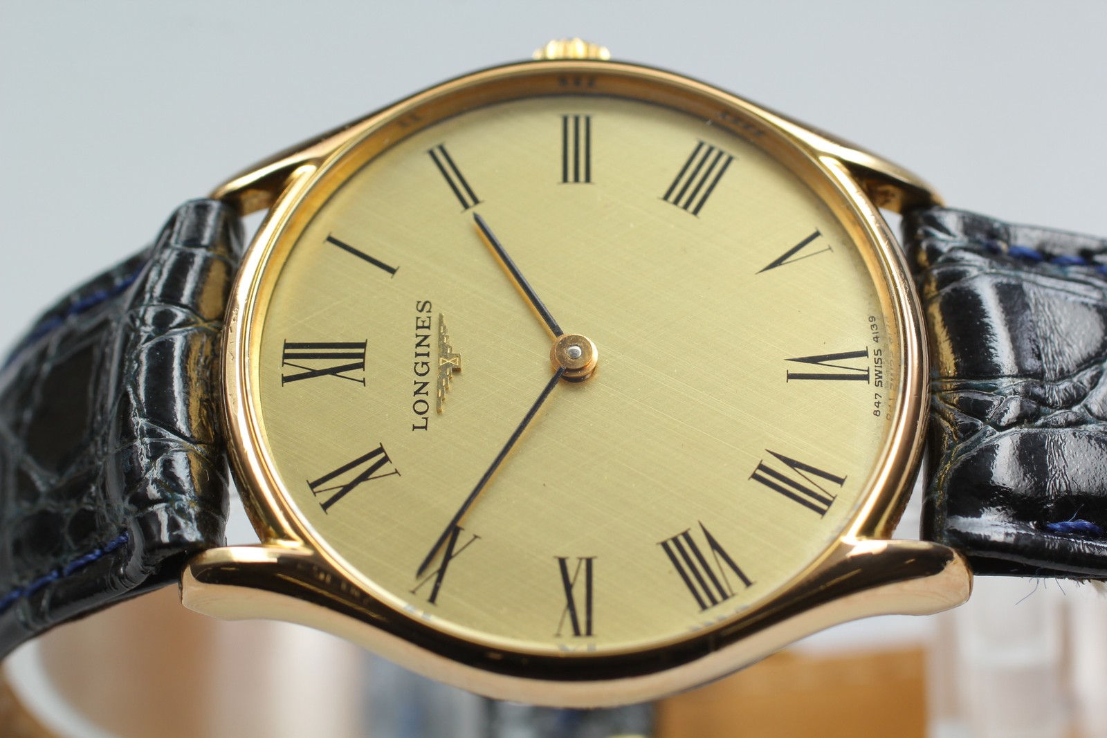 Near MINT Longines L847.4 Gold Roman Dial 33mm Hand Winding Men’s Watch w/ Box
