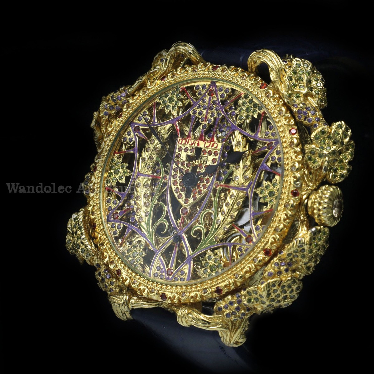 Vintage Mens Wristwatch Swiss 1914 Movement Handmade Gold Skeleton with Stones