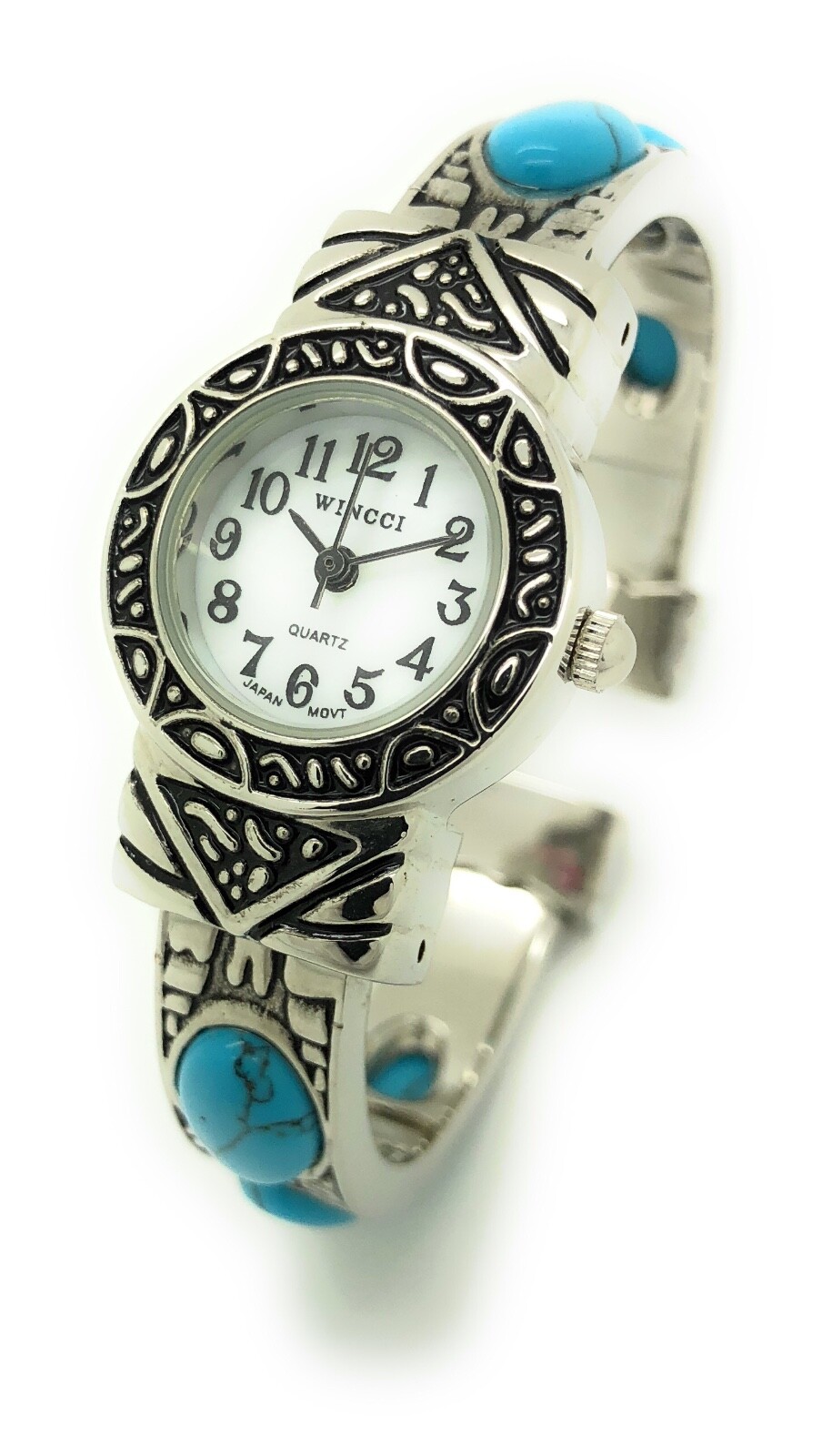 Wincci Ladies Silver Metal Bangle Cuff Fashion Watch Turquoise Stones Pearl Dial